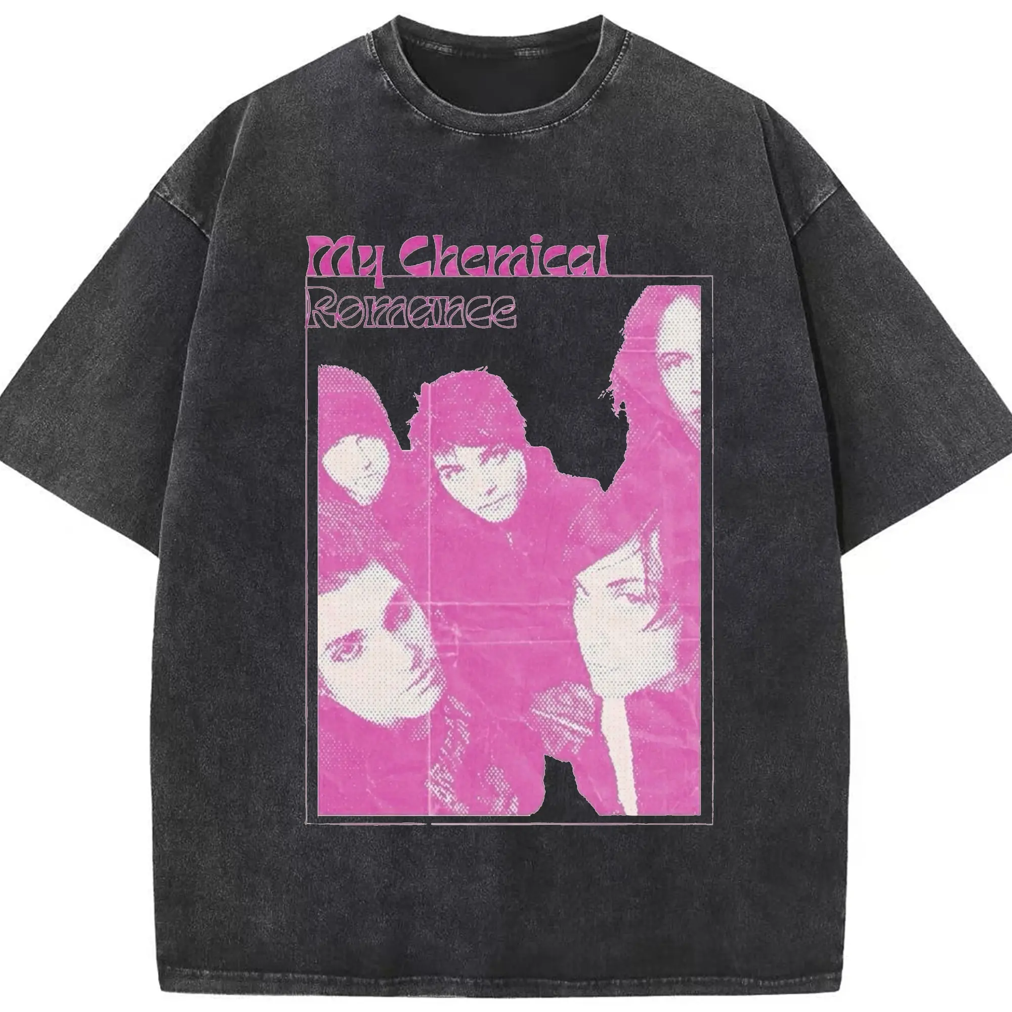 Pop Art My Chemical Romance Band DIY - Washed Vintage Look 230g Cotton Oversized T-Shirt With Front Heat Transfer Print – Soft, Lightweight, Stylish Fit – Comfortable Casual Wear For Sports & Everyday Use
