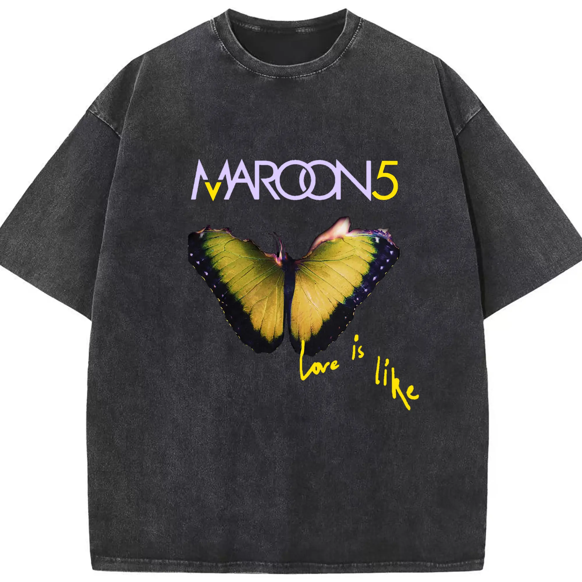 Maroon 5 Romantic Butterfly DIY - Washed Vintage Look 230g Cotton Oversized T-Shirt With Front Heat Transfer Print – Soft, Lightweight, Stylish Fit – Comfortable Casual Wear For Sports & Everyday Use