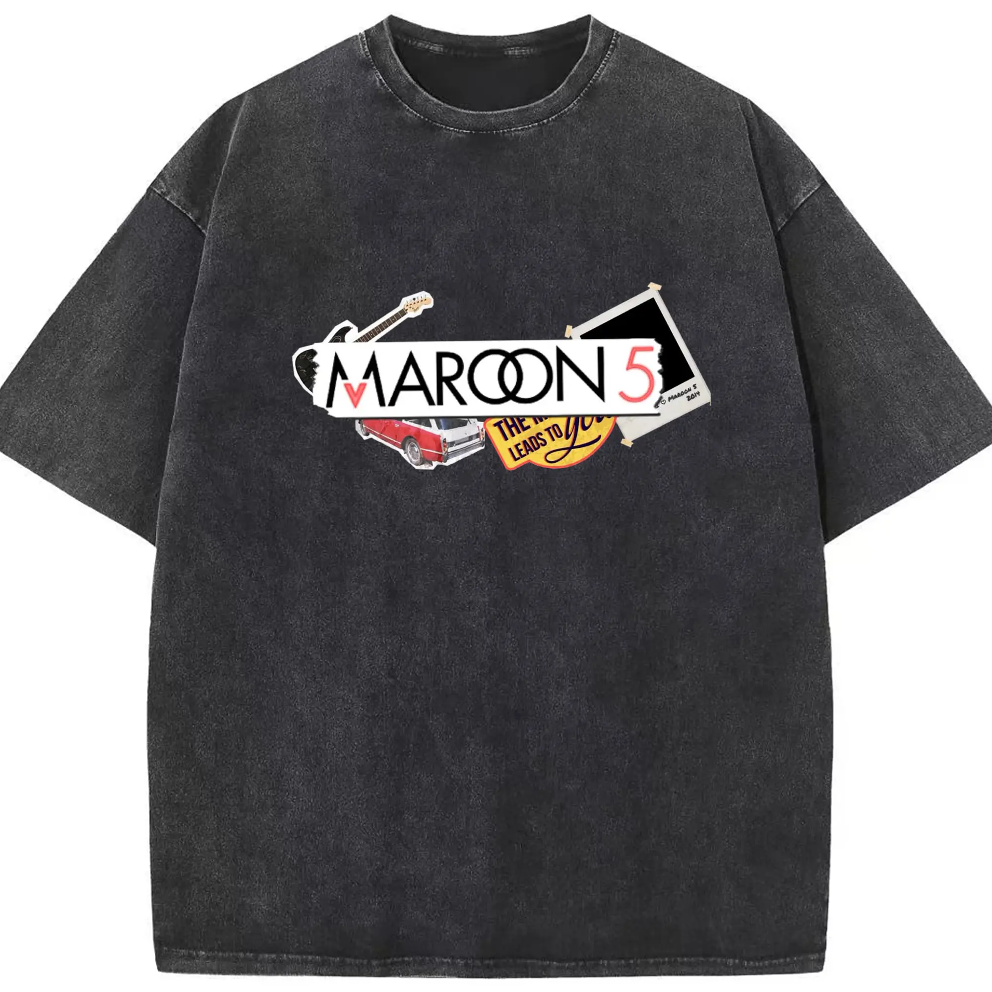 Maroon 5 Vintage Collage Pop Rock DIY - Washed Vintage Look 230g Cotton Oversized T-Shirt With Front Heat Transfer Print – Soft, Lightweight, Stylish Fit – Comfortable Casual Wear For Sports & Everyday Use