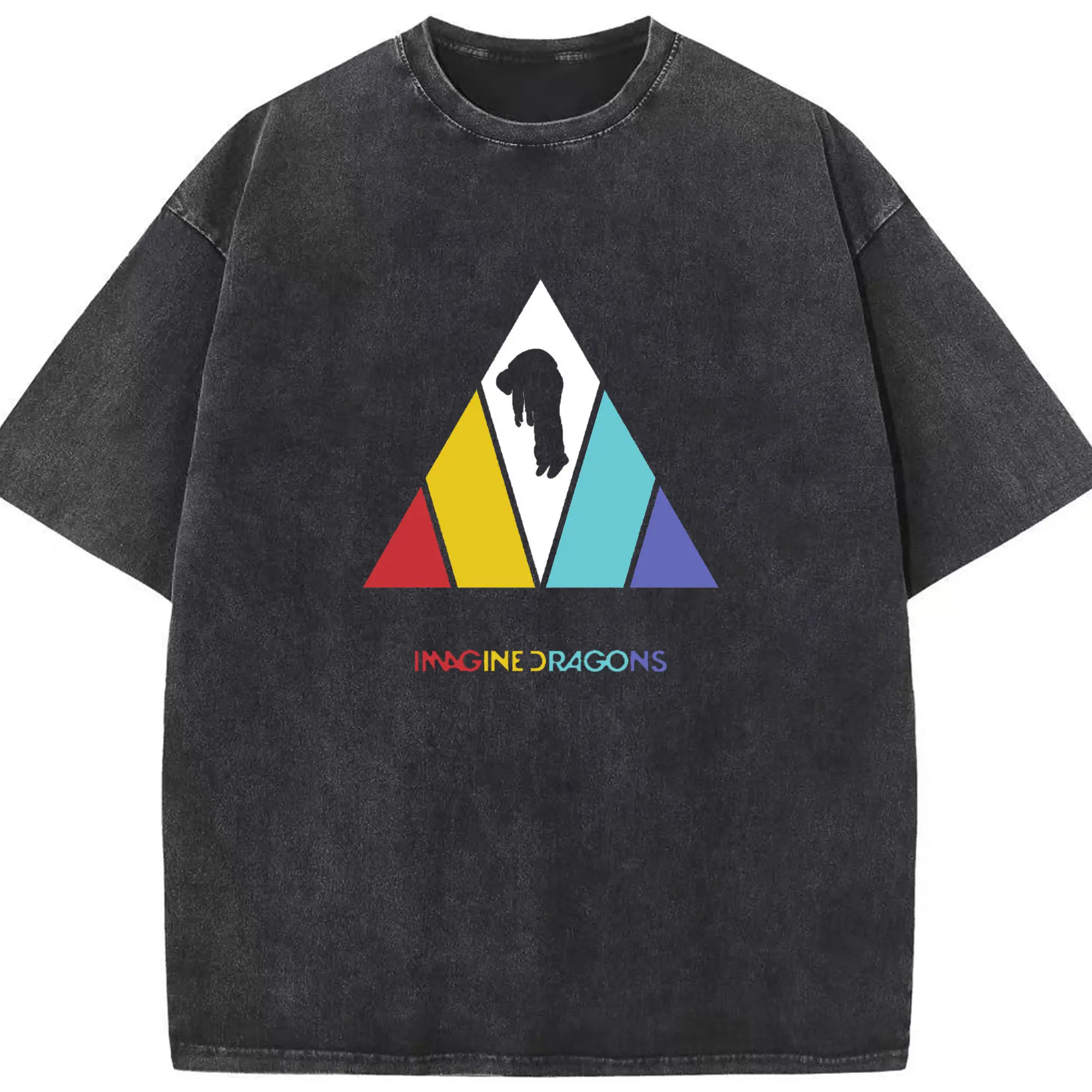 Imagine Dragons Colorful Geometric DIY - Washed Vintage Look 230g Cotton Oversized T-Shirt With Front Heat Transfer Print – Soft, Lightweight, Stylish Fit – Comfortable Casual Wear For Sports & Everyday Use