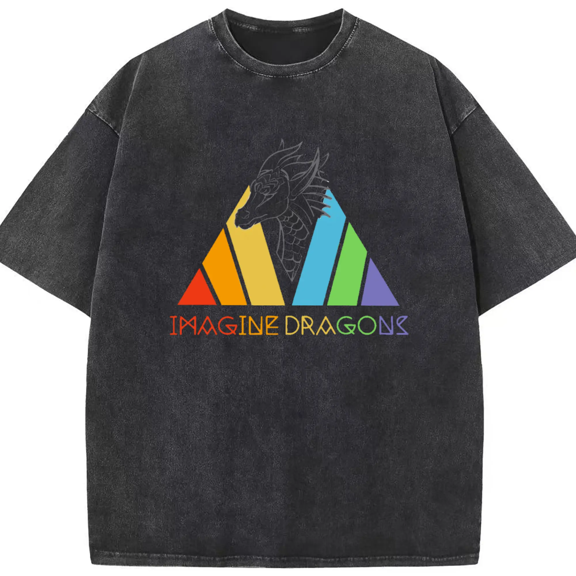 Imagine Dragons Rainbow Dragon DIY - Washed Vintage Look 230g Cotton Oversized T-Shirt With Front Heat Transfer Print – Soft, Lightweight, Stylish Fit – Comfortable Casual Wear For Sports & Everyday Use