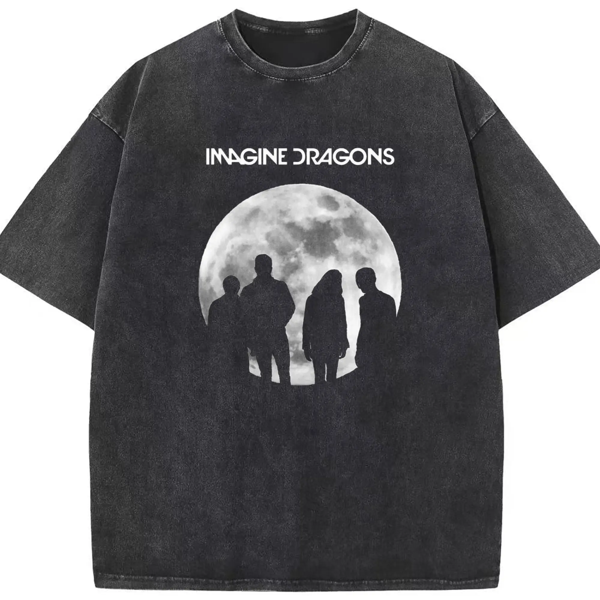 Imagine Dragons Moon Silhouette DIY - Washed Vintage Look 230g Cotton Oversized T-Shirt With Front Heat Transfer Print – Soft, Lightweight, Stylish Fit – Comfortable Casual Wear For Sports & Everyday Use