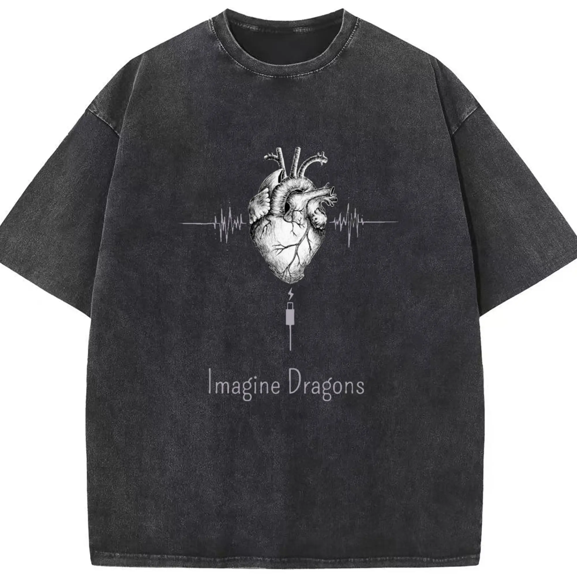 Imagine Dragons Anatomical Heart Music Pulse DIY - Washed Vintage Look 230g Cotton Oversized T-Shirt With Front Heat Transfer Print – Soft, Lightweight, Stylish Fit – Comfortable Casual Wear For Sports & Everyday Use