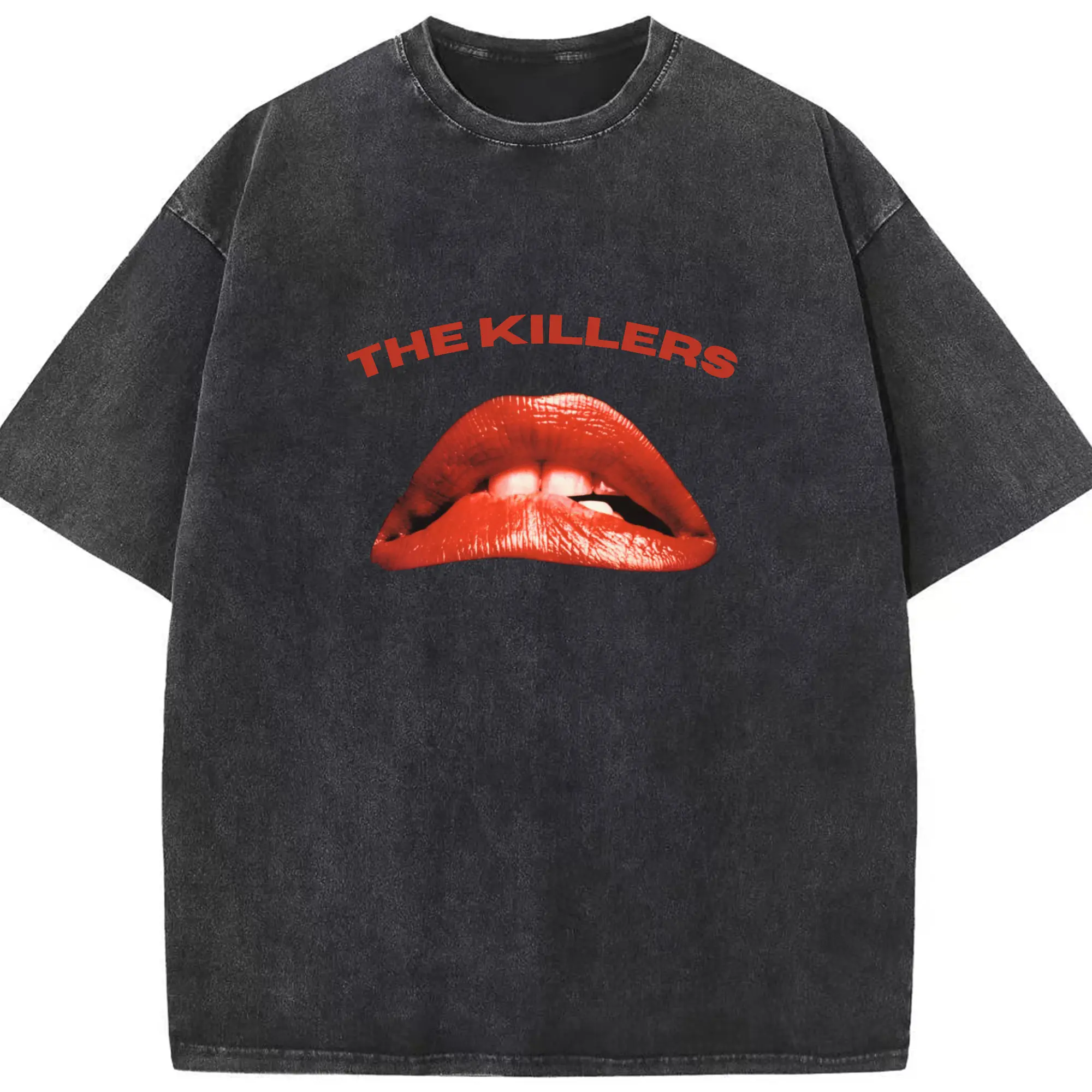 The Killers Vintage Rock Red Lips DIY - Washed Vintage Look 230g Cotton Oversized T-Shirt With Front Heat Transfer Print – Soft, Lightweight, Stylish Fit – Comfortable Casual Wear For Sports & Everyday Use