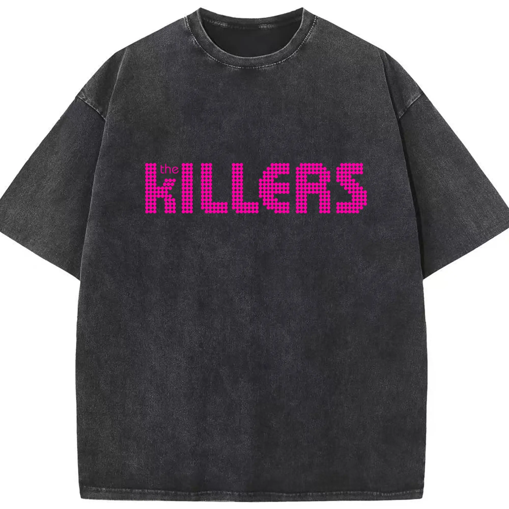 The Killers Pink pixel style Logo DIY - Washed Vintage Look 230g Cotton Oversized T-Shirt With Front Heat Transfer Print – Soft, Lightweight, Stylish Fit – Comfortable Casual Wear For Sports & Everyday Use