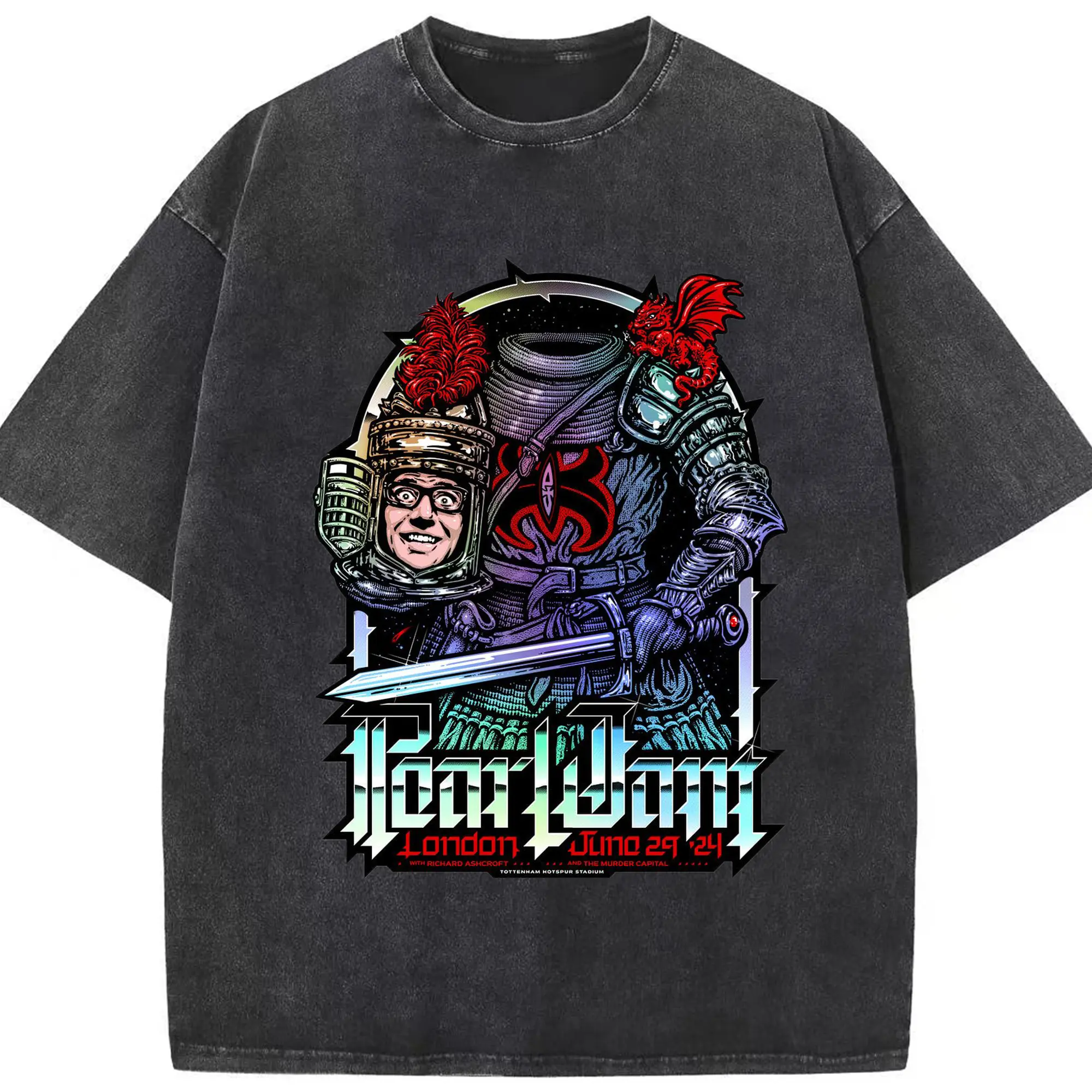 Pearl Jam London Fantasy Rock Concert DIY - Washed Vintage Look 230g Cotton Oversized T-Shirt With Front Heat Transfer Print – Soft, Lightweight, Stylish Fit – Comfortable Casual Wear For Sports & Everyday Use
