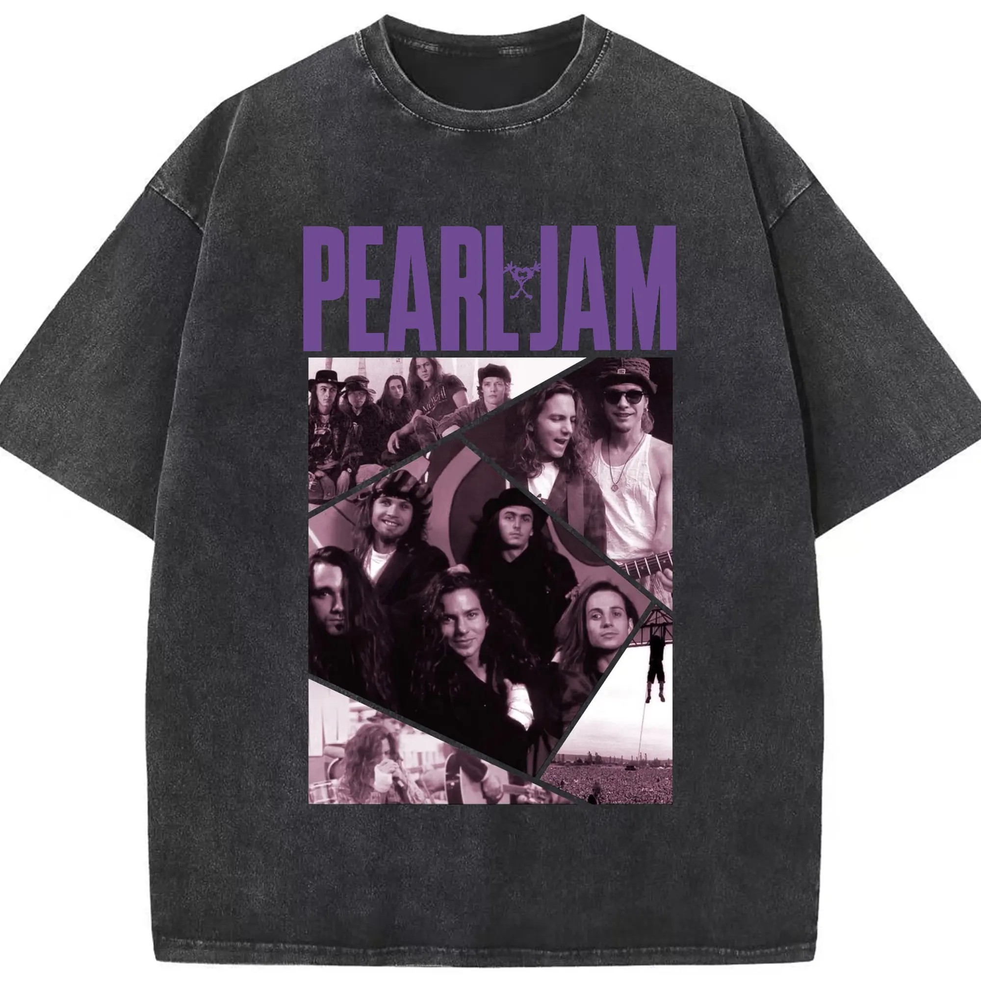 Pearl Jam Vintage Grunge Rock Collage DIY - Washed Vintage Look 230g Cotton Oversized T-Shirt With Front Heat Transfer Print – Soft, Lightweight, Stylish Fit – Comfortable Casual Wear For Sports & Everyday Use