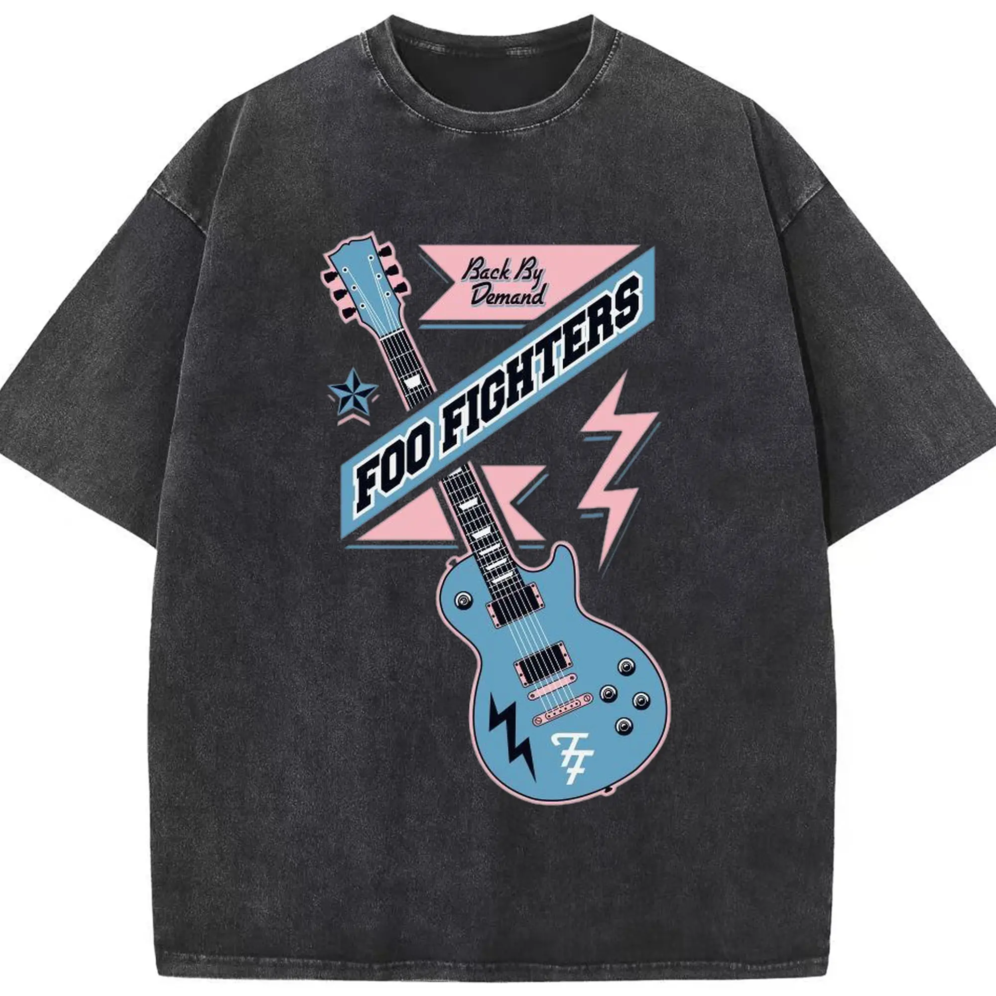 Foo Fighters “Back By Demand” Retro Rock Guitar DIY - Washed Vintage Look 230g Cotton Oversized T-Shirt With Front Heat Transfer Print – Soft, Lightweight, Stylish Fit – Comfortable Casual Wear For Sports & Everyday Use