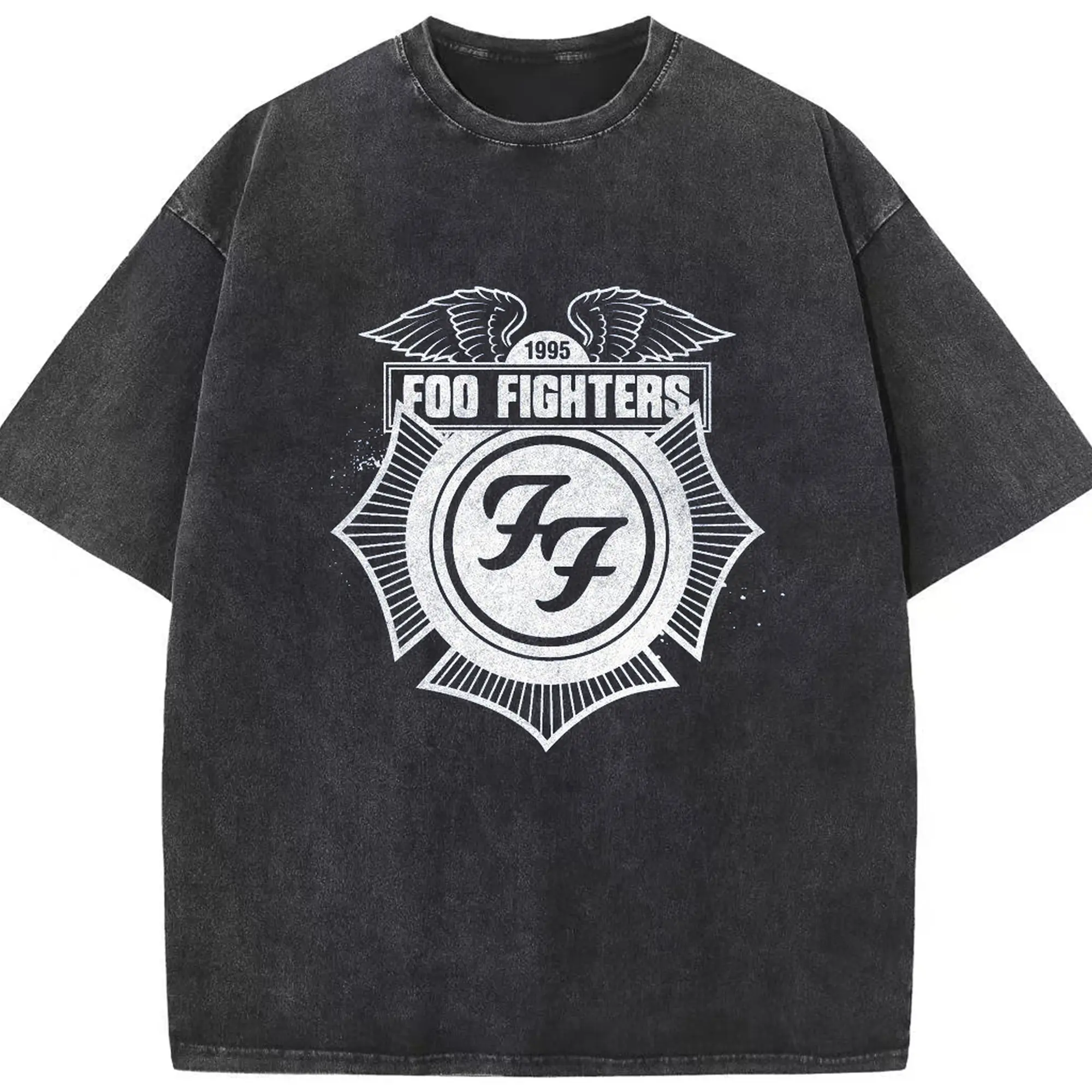 Foo Fighters Silver Badge Rock DIY - Washed Vintage Look 230g Cotton Oversized T-Shirt With Front Heat Transfer Print – Soft, Lightweight, Stylish Fit – Comfortable Casual Wear For Sports & Everyday Use