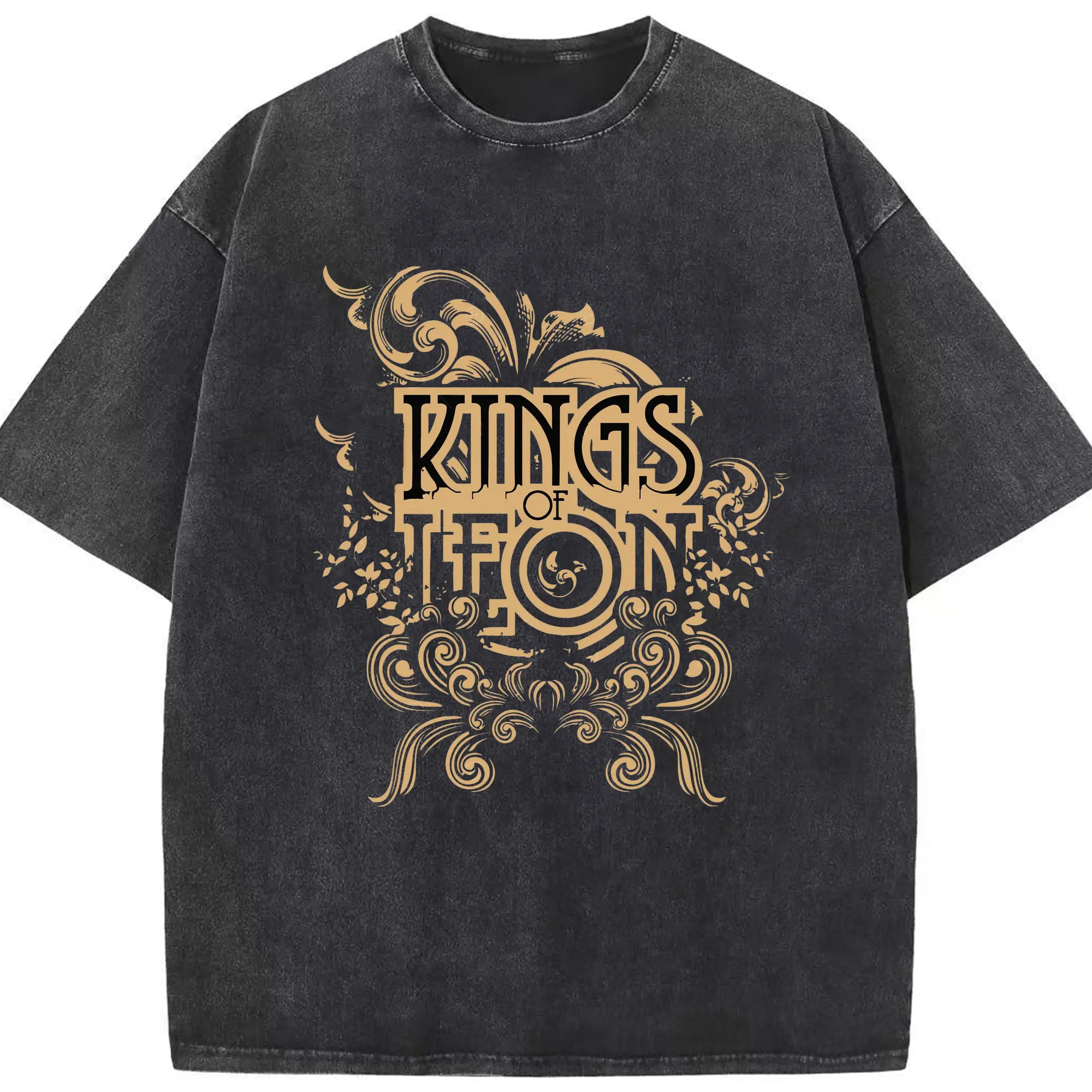 Kings of Leon Vintage Ornate Rock DIY - Washed Vintage Look 230g Cotton Oversized T-Shirt With Front Heat Transfer Print – Soft, Lightweight, Stylish Fit – Comfortable Casual Wear For Sports & Everyday Use