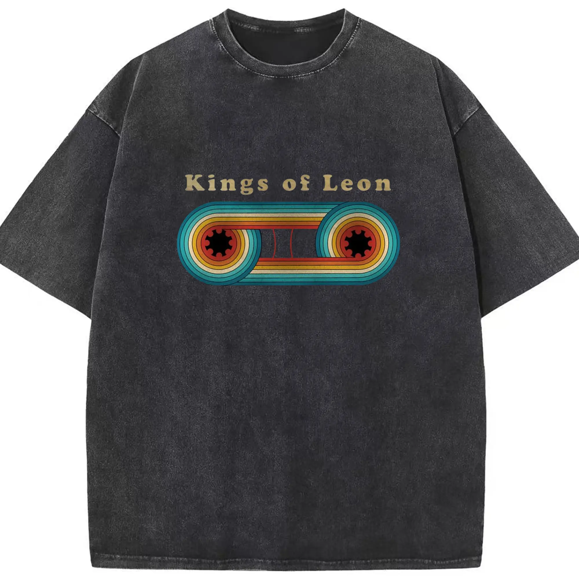 Kings of Leon Vintage Art Deco Rock DIY - Washed Vintage Look 230g Cotton Oversized T-Shirt With Front Heat Transfer Print – Soft, Lightweight, Stylish Fit – Comfortable Casual Wear For Sports & Everyday Use