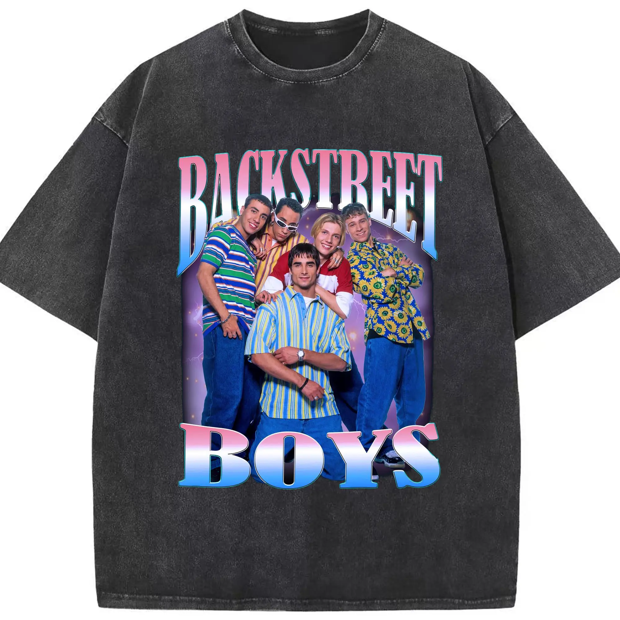Backstreet Boys 90s Pop Retro DIY - Washed Vintage Look 230g Cotton Oversized T-Shirt With Front Heat Transfer Print – Soft, Lightweight, Stylish Fit – Comfortable Casual Wear For Sports & Everyday Use