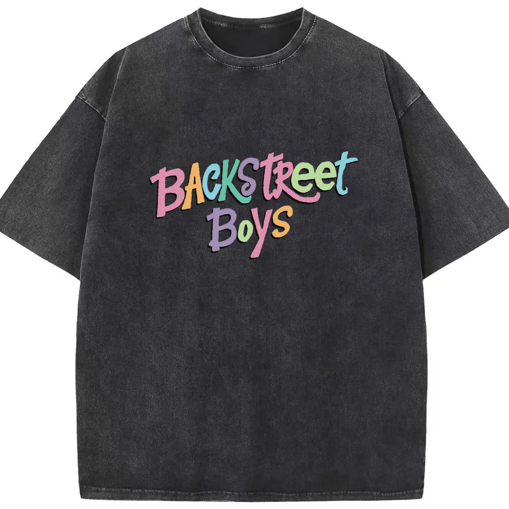 Backstreet Boys Colorful Logo DIY - Washed Vintage Look 230g Cotton Oversized T-Shirt With Front Heat Transfer Print – Soft, Lightweight, Stylish Fit – Comfortable Casual Wear For Sports & Everyday Use