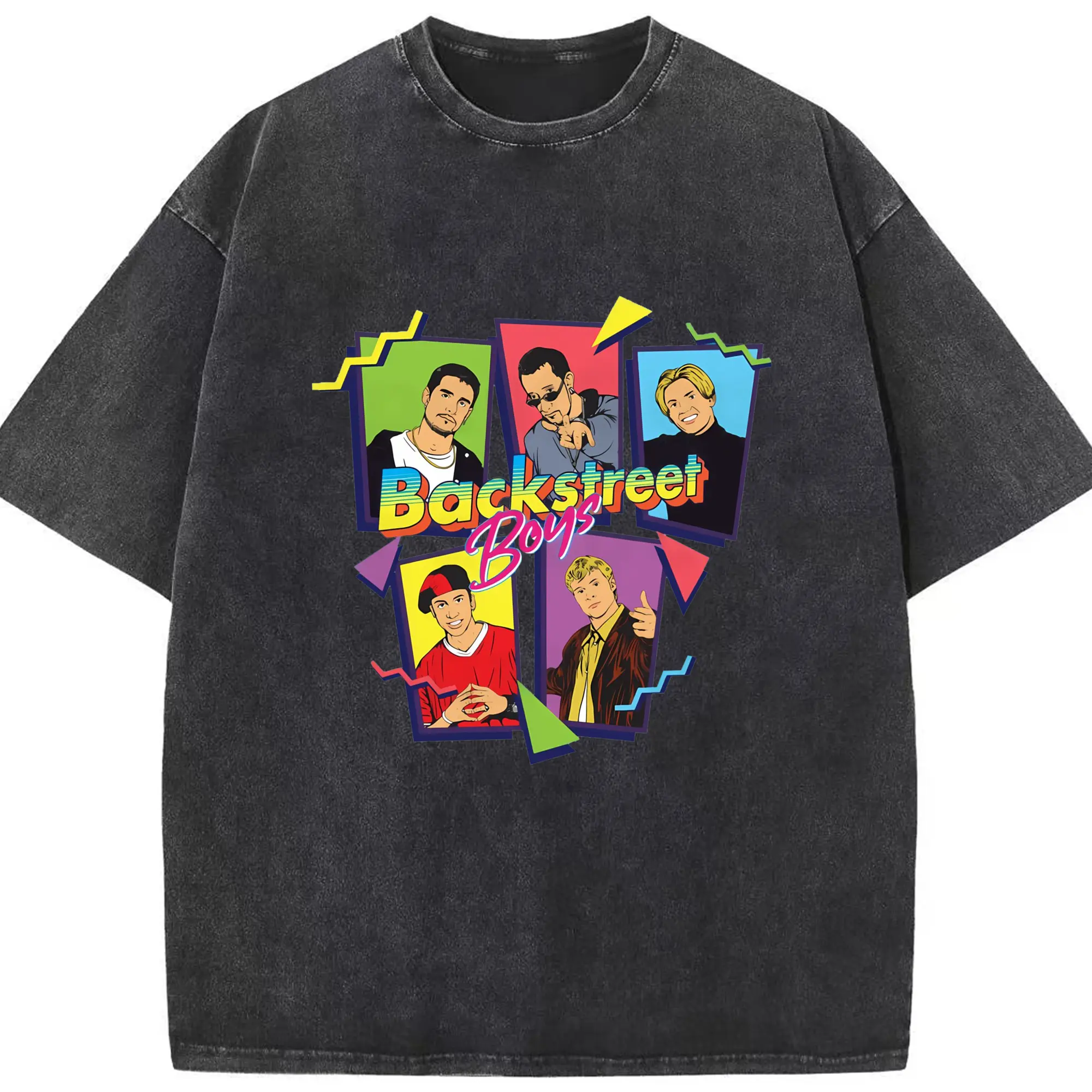 Backstreet Boys 90s Pop Retro Cartoon DIY - Washed Vintage Look 230g Cotton Oversized T-Shirt With Front Heat Transfer Print – Soft, Lightweight, Stylish Fit – Comfortable Casual Wear For Sports & Everyday Use