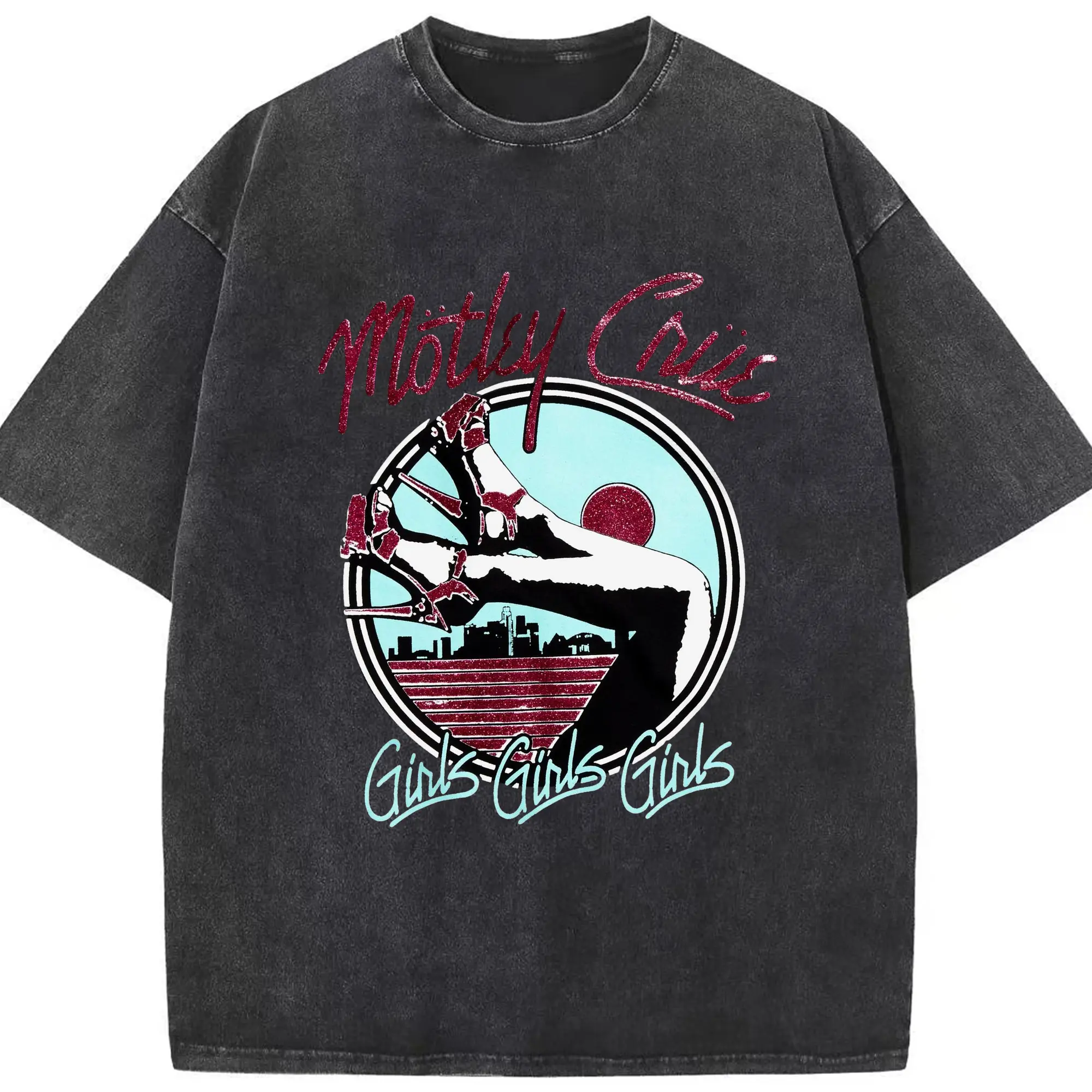 Mötley Crüe Girls Girls Girls DIY - Washed Vintage Look 230g Cotton Oversized T-Shirt With Front Heat Transfer Print – Soft, Lightweight, Stylish Fit – Comfortable Casual Wear For Sports & Everyday Use