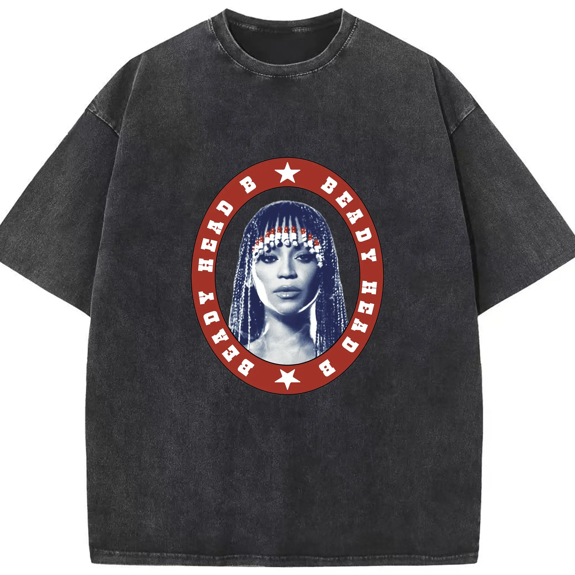Beyoncé “BEADY HEAD B”  Cultural Art DIY - Washed Vintage Look 230g Cotton Oversized T-Shirt With Front Heat Transfer Print – Soft, Lightweight, Stylish Fit – Comfortable Casual Wear For Sports & Everyday Use