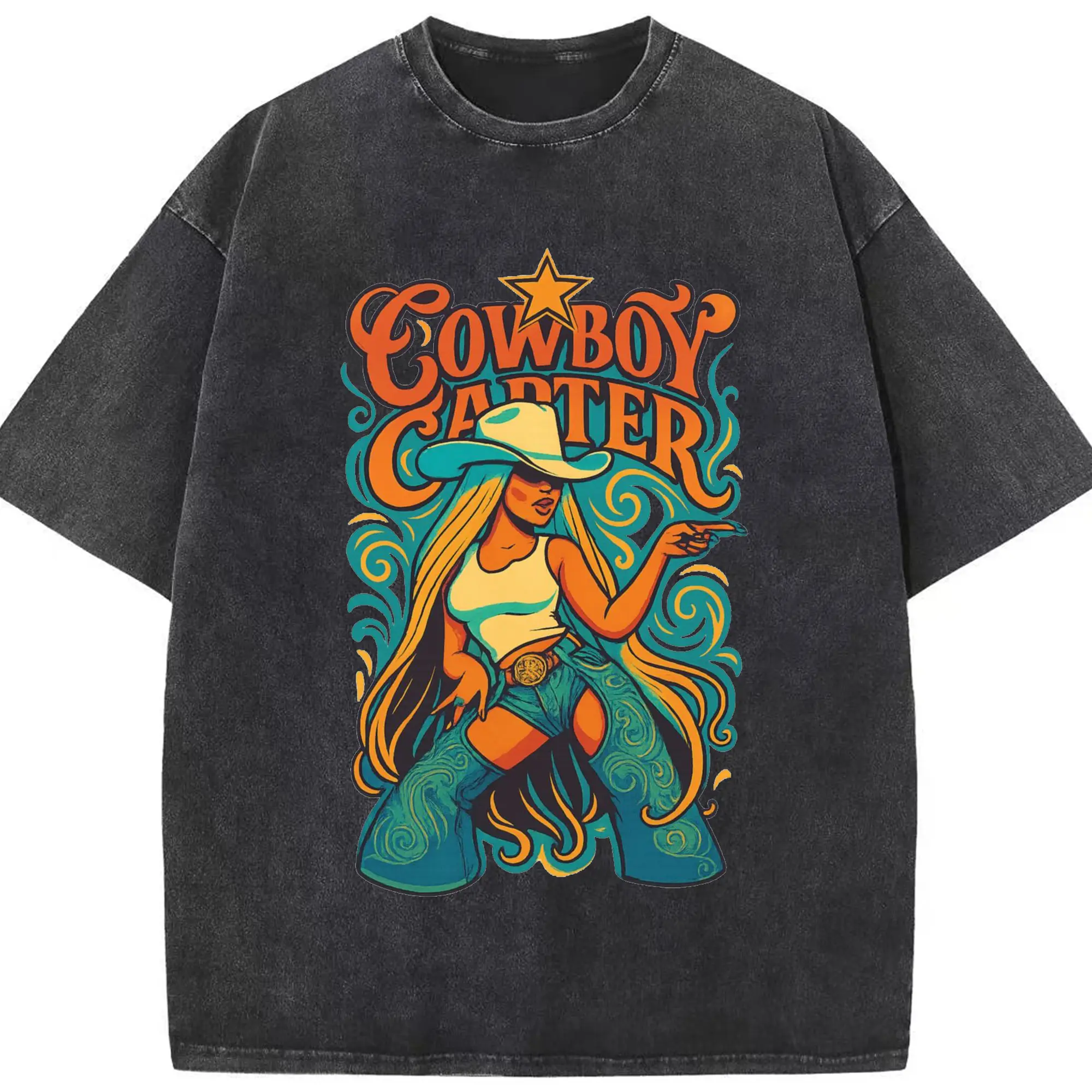Beyoncé Cowboy Carter Western Country Music DIY - Washed Vintage Look 230g Cotton Oversized T-Shirt With Front Heat Transfer Print – Soft, Lightweight, Stylish Fit – Comfortable Casual Wear For Sports & Everyday Use