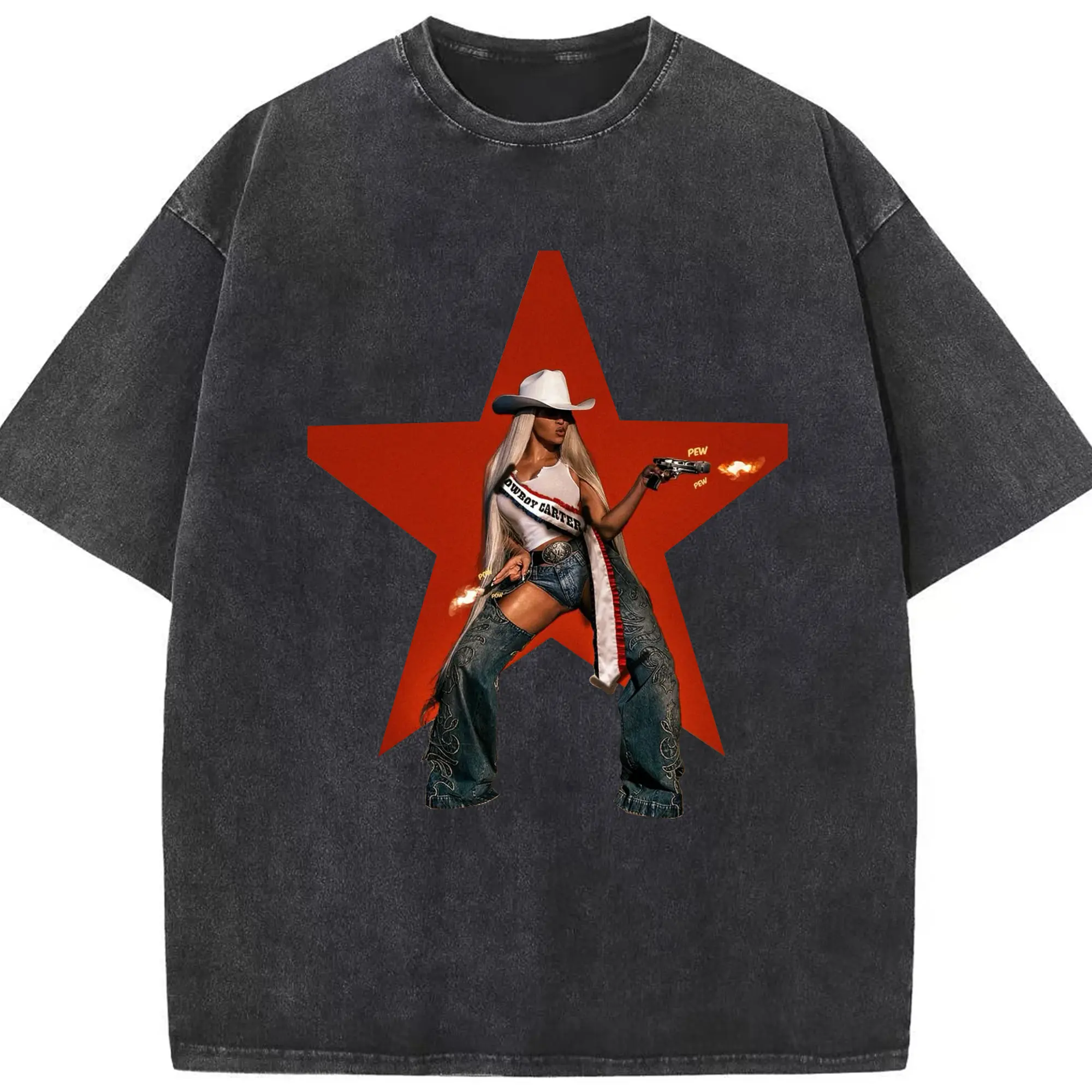 Beyoncé Cowboy Carter Western Country Music DIY - Washed Vintage Look 230g Cotton Oversized T-Shirt With Front Heat Transfer Print – Soft, Lightweight, Stylish Fit – Comfortable Casual Wear For Sports & Everyday Use