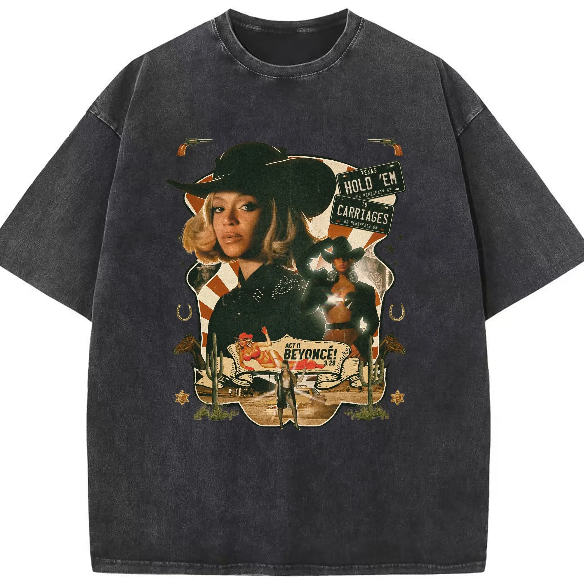 Beyoncé Texas Western Cowboy DIY - Washed Vintage Look 230g Cotton Oversized T-Shirt With Front Heat Transfer Print – Soft, Lightweight, Stylish Fit – Comfortable Casual Wear For Sports & Everyday Use