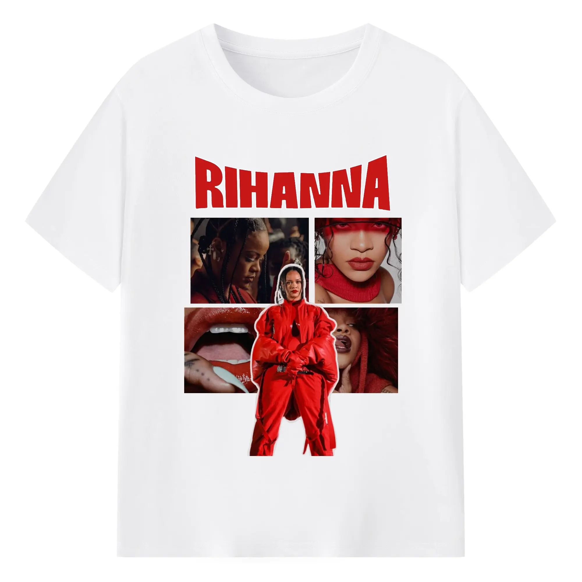 Rihanna Red Fashion Collage DIY - 180g Cotton T-Shirt With Front Heat Transfer Print – Soft, Lightweight, Fitted Design – Comfortable Casual Wear For Sports & Everyday Use