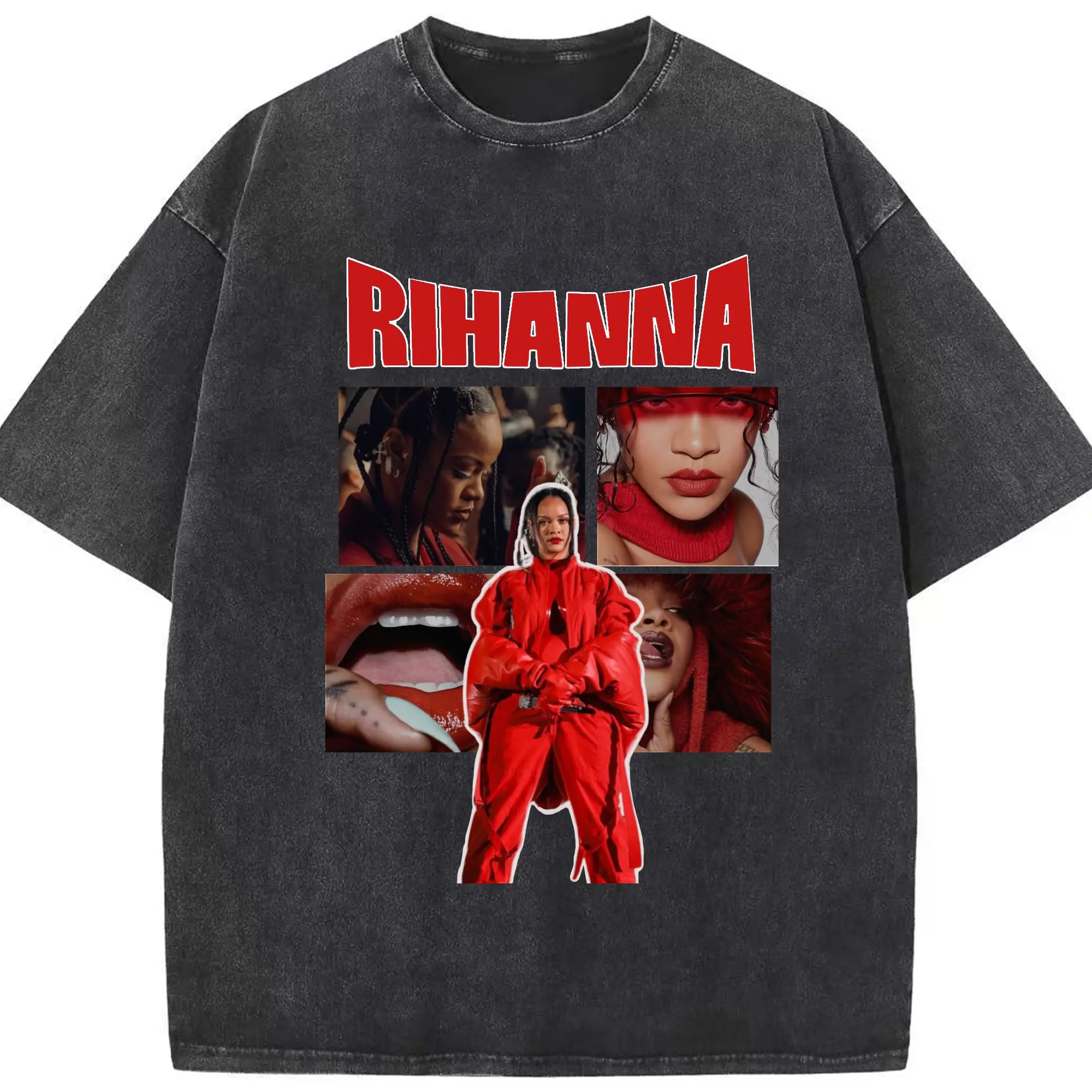 Rihanna Red Fashion Collage DIY - Washed Vintage Look 230g Cotton Oversized T-Shirt With Front Heat Transfer Print – Soft, Lightweight, Stylish Fit – Comfortable Casual Wear For Sports & Everyday Use