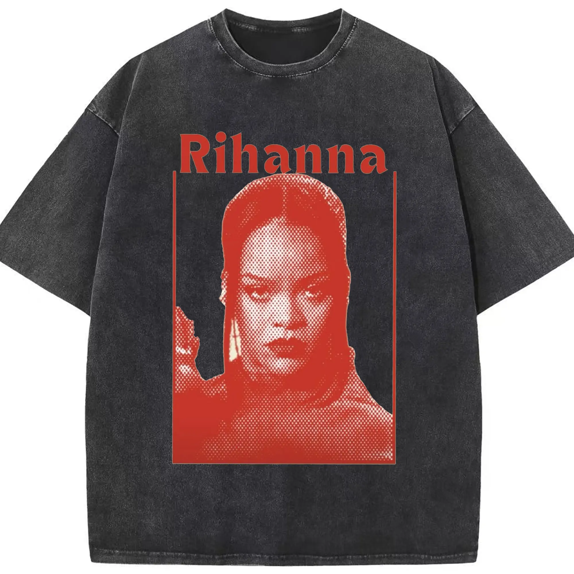 Rihanna Red Pop Art DIY - Washed Vintage Look 230g Cotton Oversized T-Shirt With Front Heat Transfer Print – Soft, Lightweight, Stylish Fit – Comfortable Casual Wear For Sports & Everyday Use