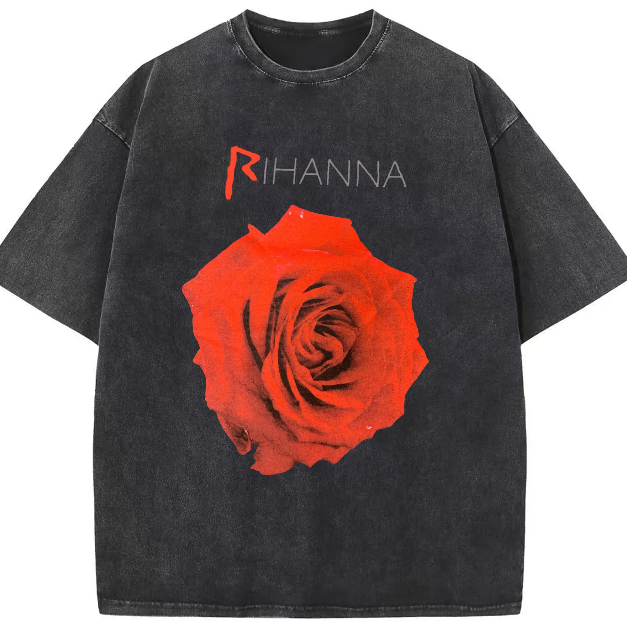 Rihanna Red Rose Romantic DIY - Washed Vintage Look 230g Cotton Oversized T-Shirt With Front Heat Transfer Print – Soft, Lightweight, Stylish Fit – Comfortable Casual Wear For Sports & Everyday Use