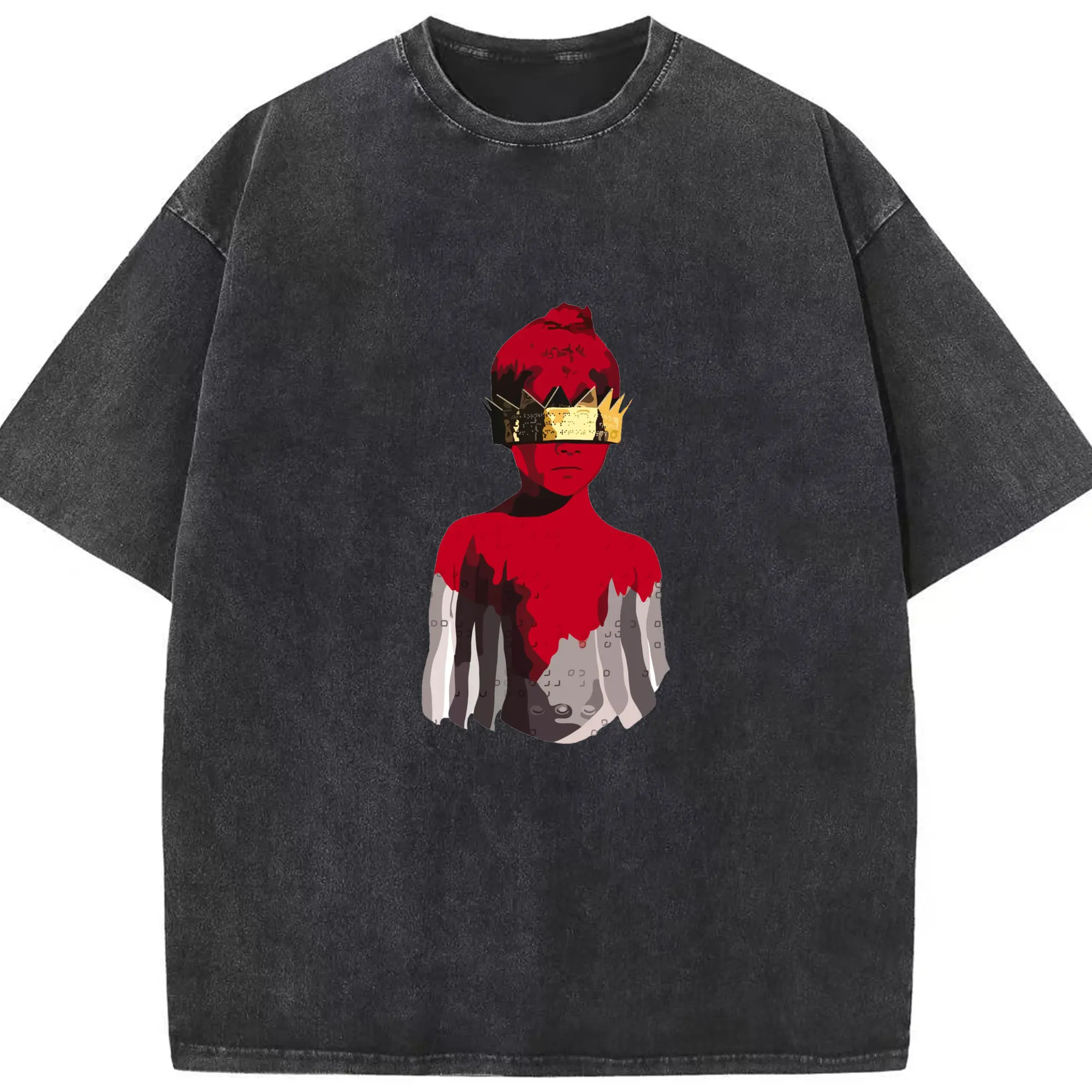 Rihanna Red & Gold Art Trend DIY - Washed Vintage Look 230g Cotton Oversized T-Shirt With Front Heat Transfer Print – Soft, Lightweight, Stylish Fit – Comfortable Casual Wear For Sports & Everyday Use