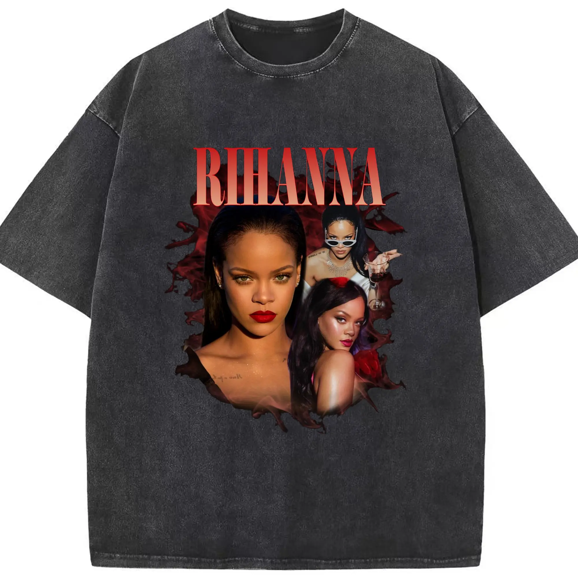 Rihanna-Inspired Pop Fashion Trend DIY - Washed Vintage Look 230g Cotton Oversized T-Shirt With Front Heat Transfer Print – Soft, Lightweight, Stylish Fit – Comfortable Casual Wear For Sports & Everyday Use