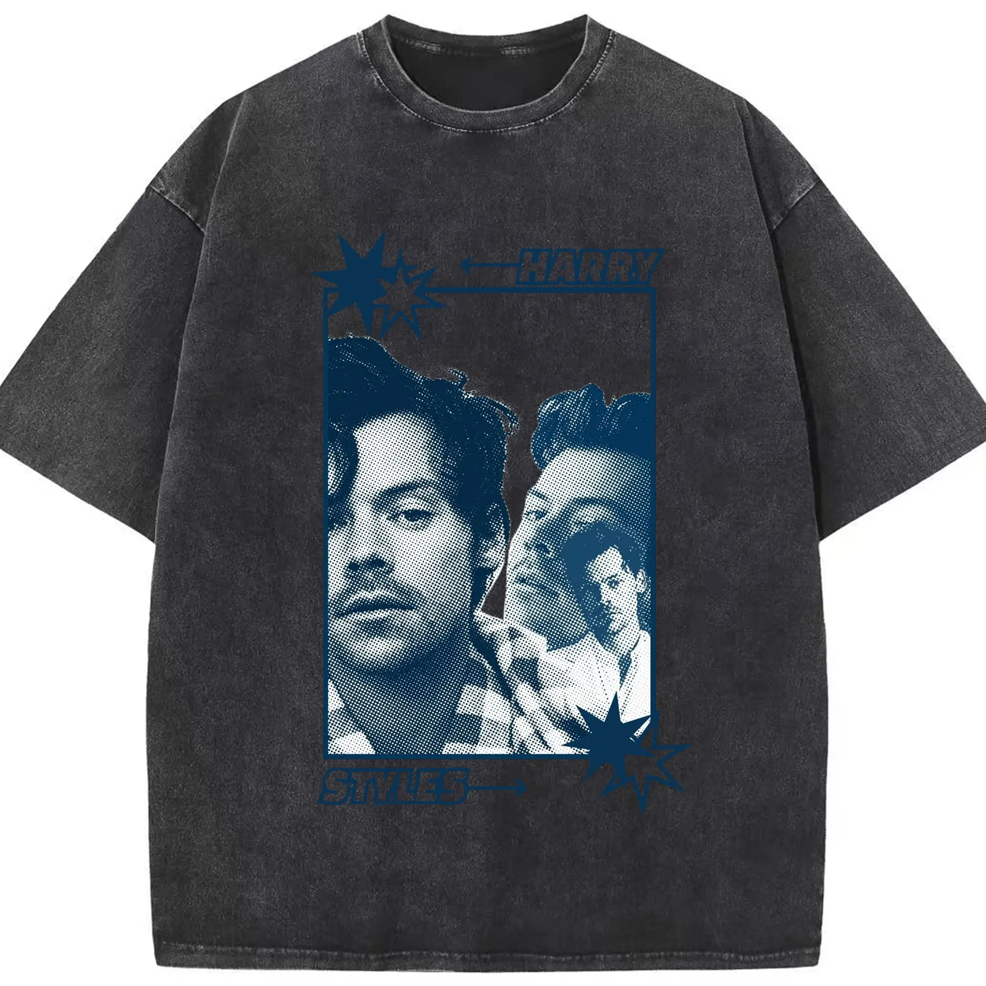 Harry Styles Blue And White Tones Pop Art DIY - Washed Vintage Look 230g Cotton Oversized T-Shirt With Front Heat Transfer Print – Soft, Lightweight, Stylish Fit – Comfortable Casual Wear For Sports & Everyday Use