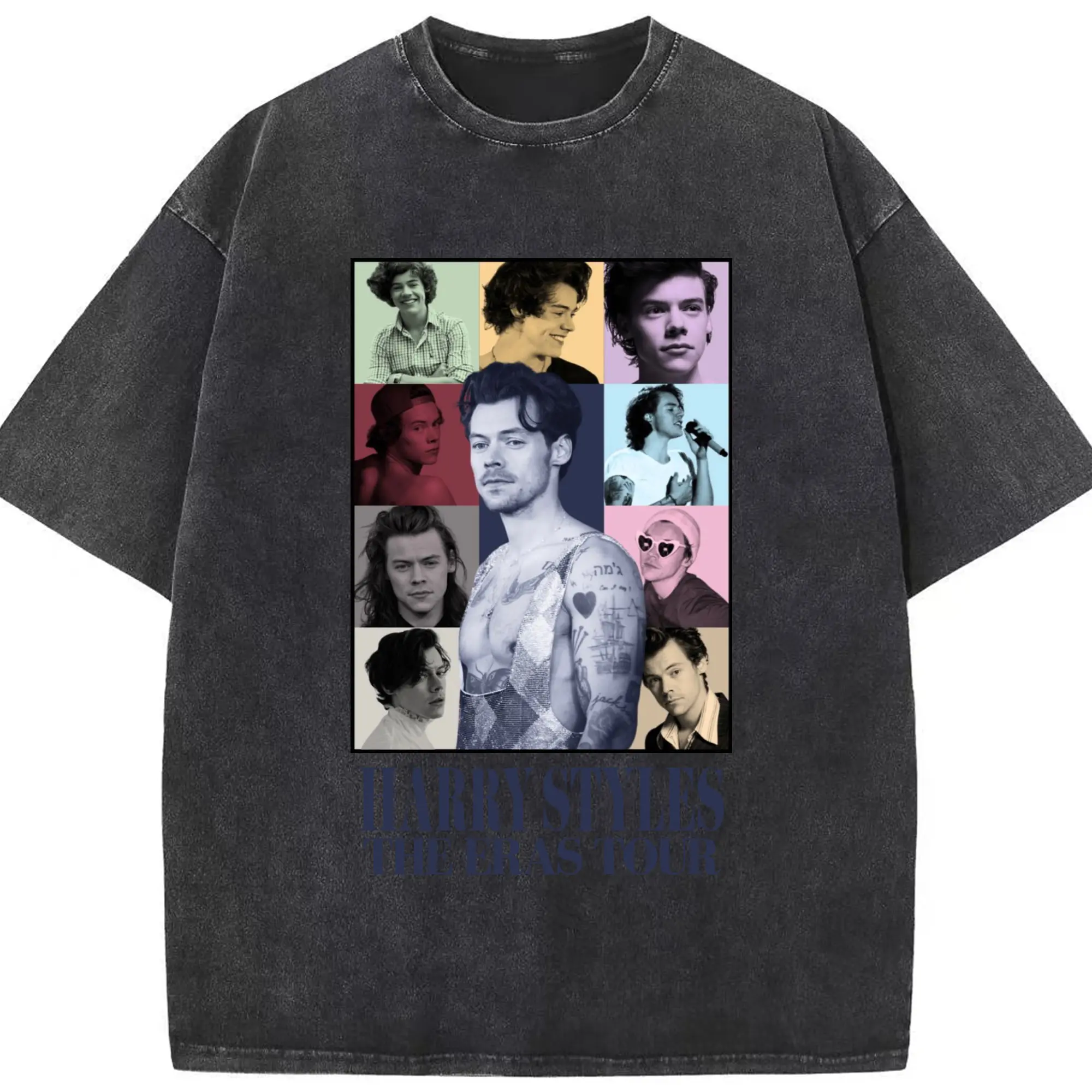 Harry Styles The Eras Tour Collage DIY - Washed Vintage Look 230g Cotton Oversized T-Shirt With Front Heat Transfer Print – Soft, Lightweight, Stylish Fit – Comfortable Casual Wear For Sports & Everyday Use