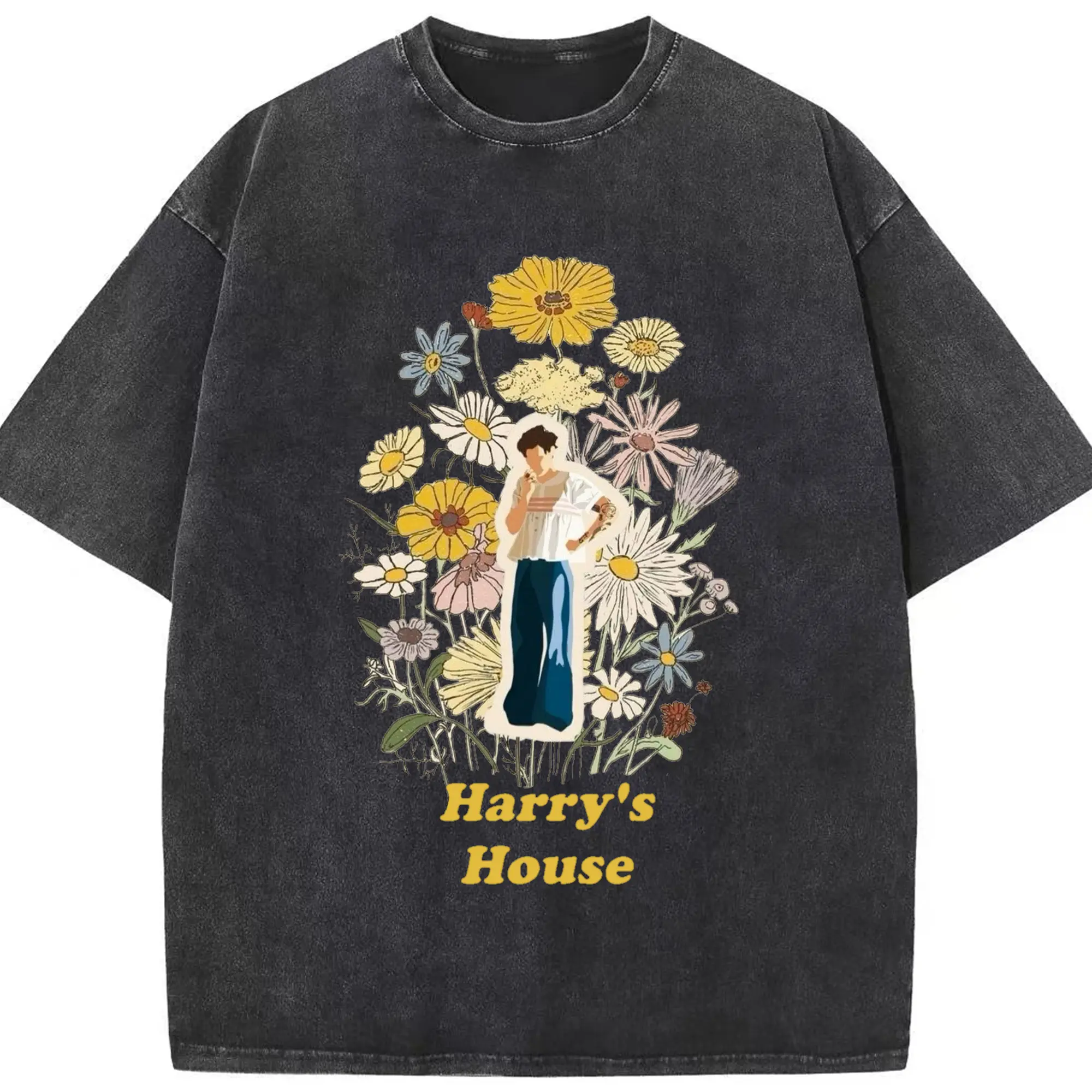 Harry Styles Harry's House Retro Floral DIY - Washed Vintage Look 230g Cotton Oversized T-Shirt With Front Heat Transfer Print – Soft, Lightweight, Stylish Fit – Comfortable Casual Wear For Sports & Everyday Use
