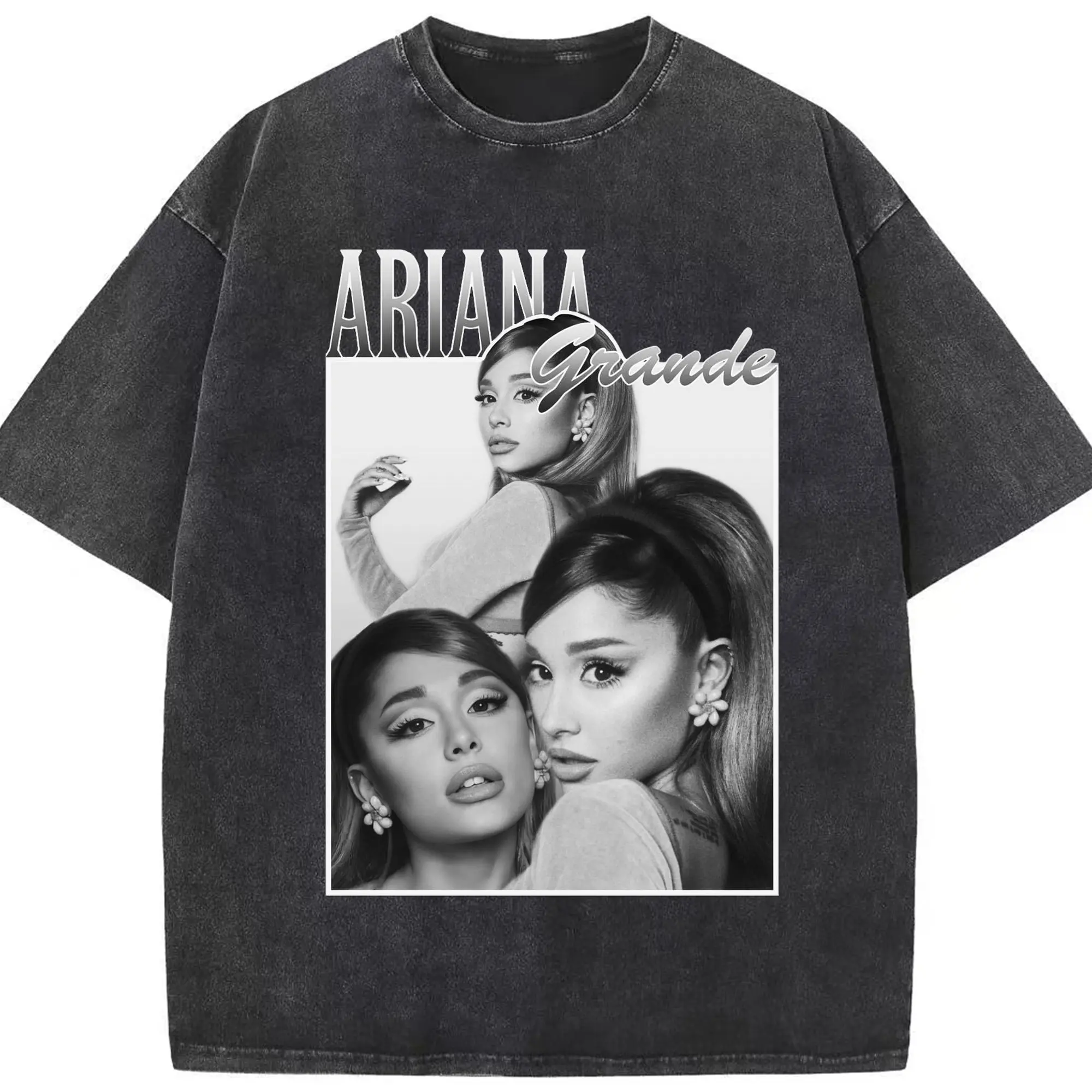 Ariana Grande Pop Music Collage DIY - Washed Vintage Look 230g Cotton Oversized T-Shirt With Front Heat Transfer Print – Soft, Lightweight, Stylish Fit – Comfortable Casual Wear For Sports & Everyday Use