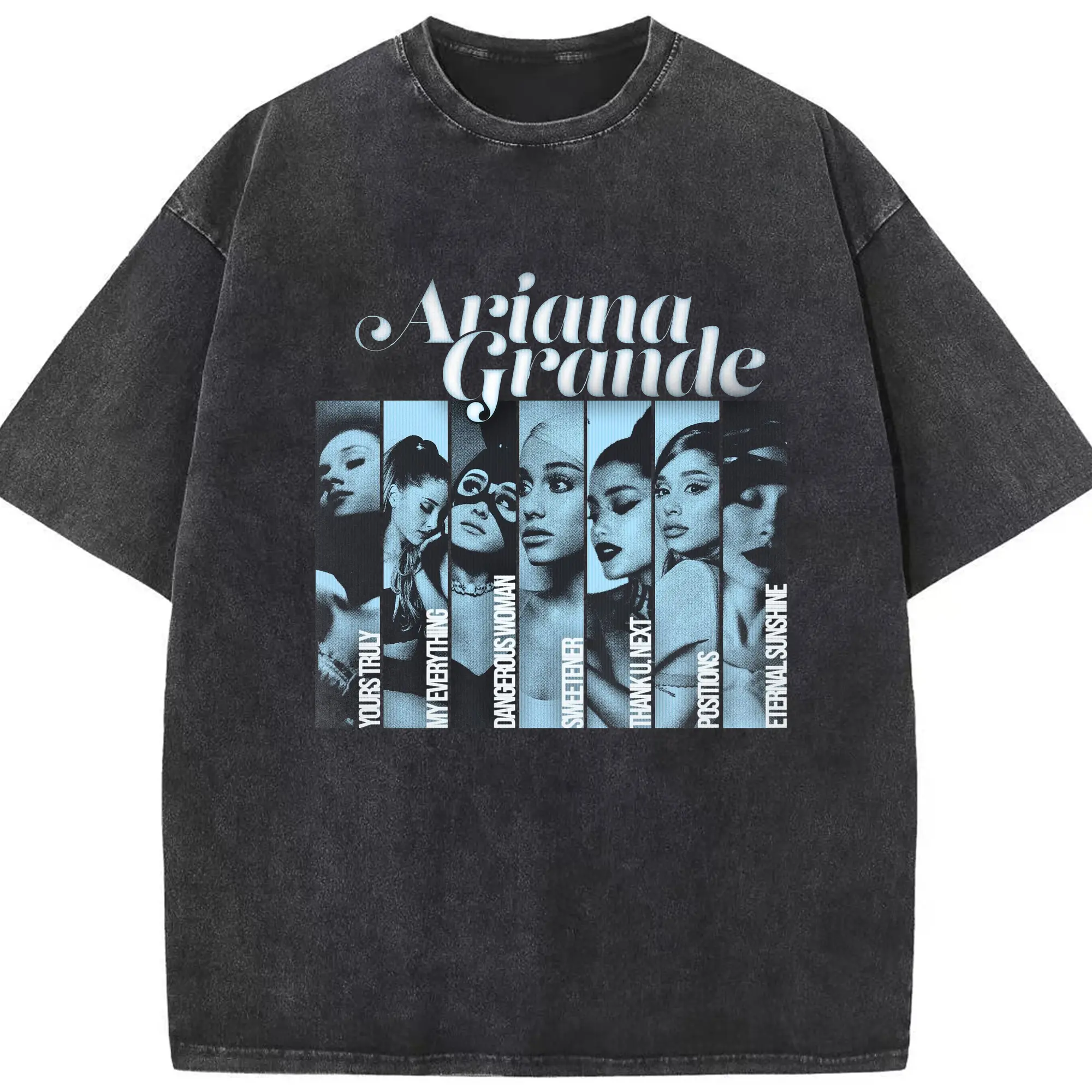 Ariana Grande Album Collection Pop DIY - Washed Vintage Look 230g Cotton Oversized T-Shirt With Front Heat Transfer Print – Soft, Lightweight, Stylish Fit – Comfortable Casual Wear For Sports & Everyday Use