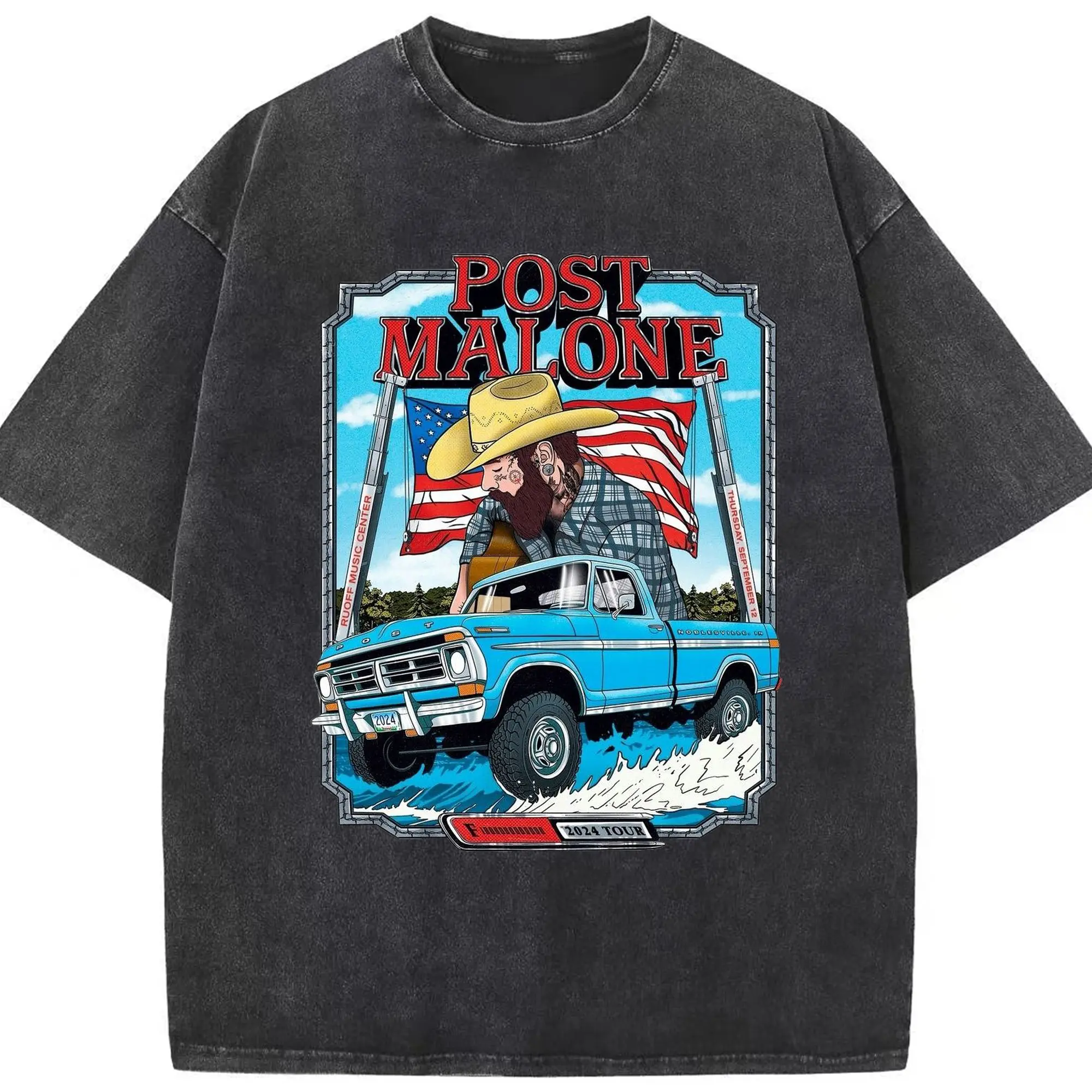 Post Malone 2024 Tour Retro Cartoon DIY - Washed Vintage Look 230g Cotton Oversized T-Shirt With Front Heat Transfer Print – Soft, Lightweight, Stylish Fit – Comfortable Casual Wear For Sports & Everyday Use
