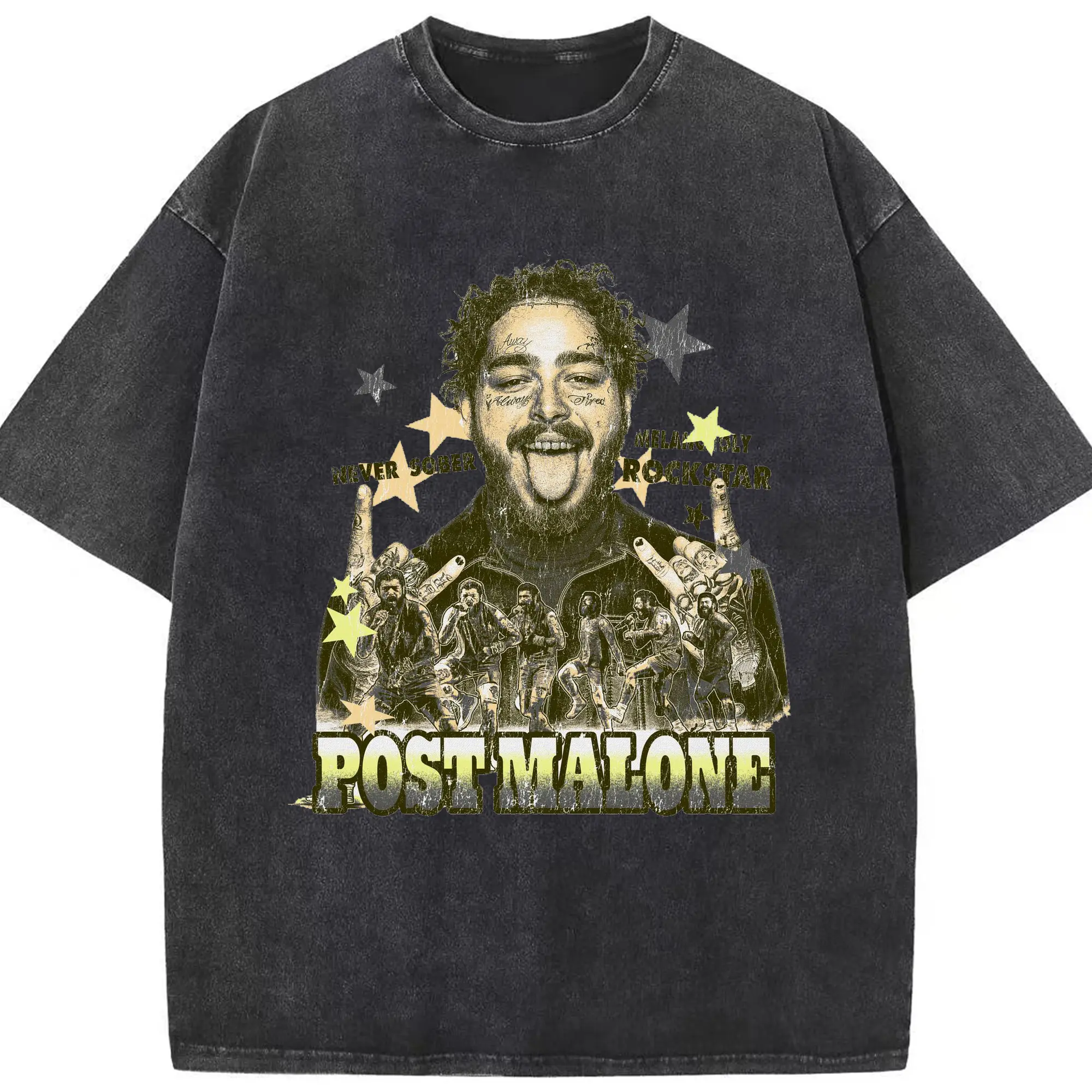 Post Malone Retro Rockstar DIY - Washed Vintage Look 230g Cotton Oversized T-Shirt With Front Heat Transfer Print – Soft, Lightweight, Stylish Fit – Comfortable Casual Wear For Sports & Everyday Use