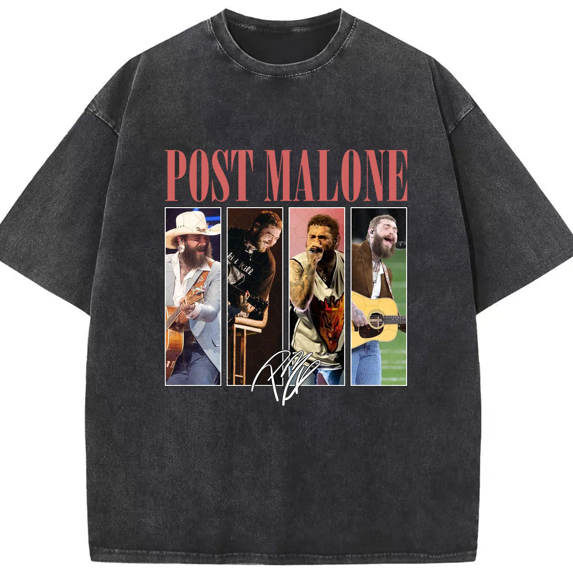 Post Malone Vintage Collage DIY - Washed Vintage Look 230g Cotton Oversized T-Shirt With Front Heat Transfer Print – Soft, Lightweight, Stylish Fit – Comfortable Casual Wear For Sports & Everyday Use