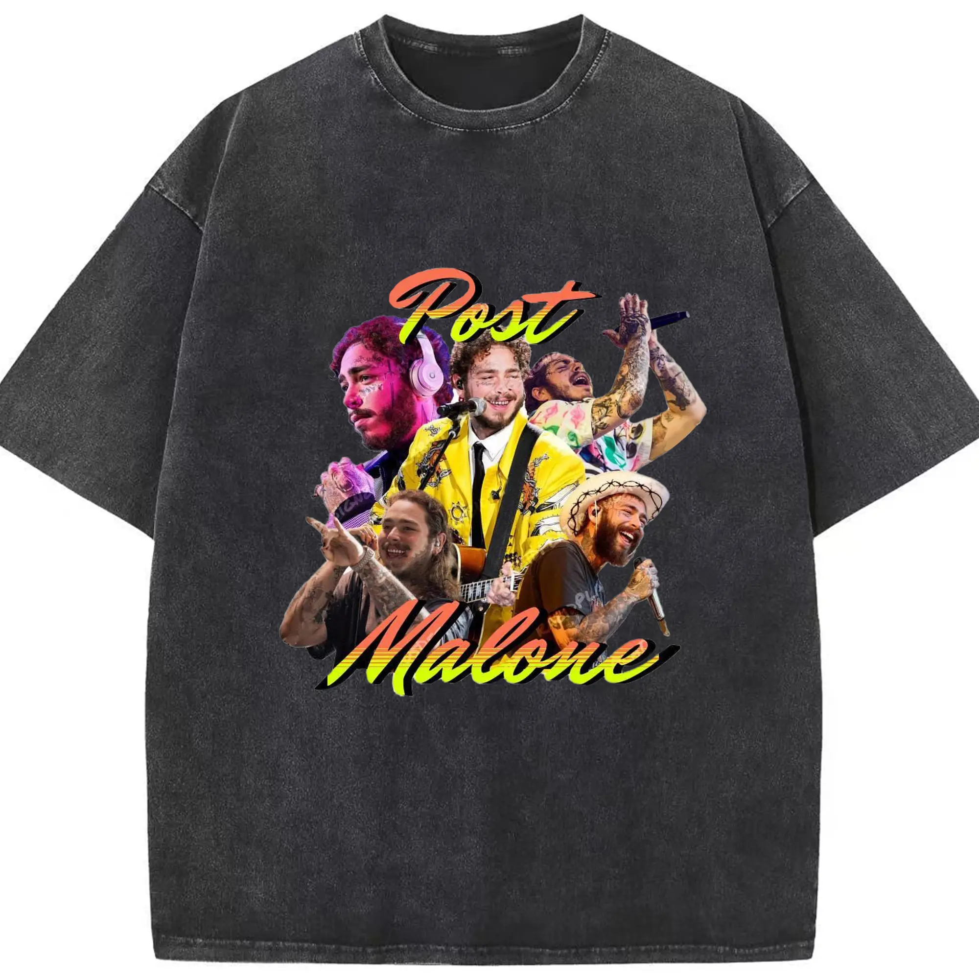 Post Malone Colorful Collage DIY - Washed Vintage Look 230g Cotton Oversized T-Shirt With Front Heat Transfer Print – Soft, Lightweight, Stylish Fit – Comfortable Casual Wear For Sports & Everyday Use