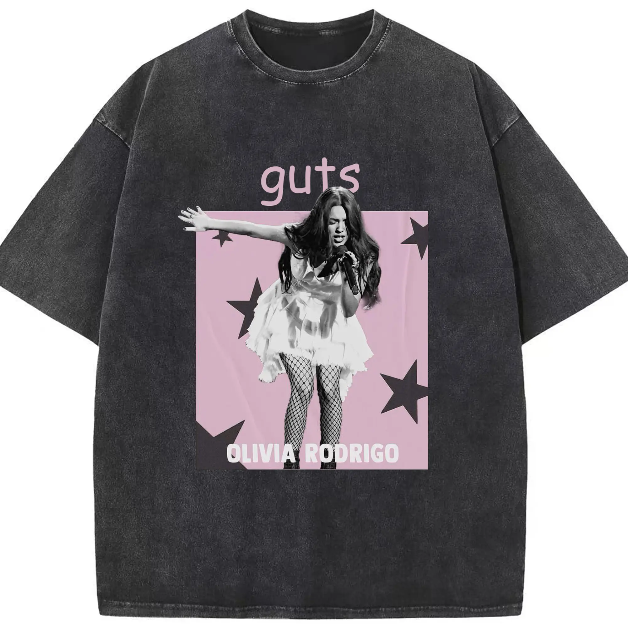 Olivia Rodrigo Guts Album DIY - Washed Vintage Look 230g Cotton Oversized T-Shirt With Front Heat Transfer Print – Soft, Lightweight, Stylish Fit – Comfortable Casual Wear For Sports & Everyday Use