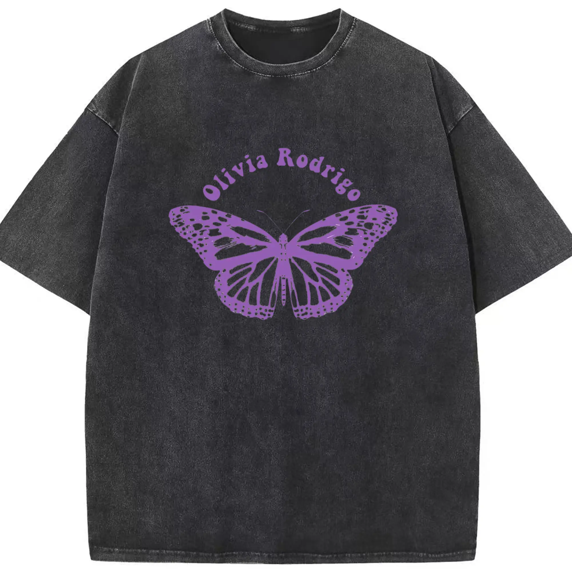 Olivia Rodrigo Purple Butterfly DIY - Washed Vintage Look 230g Cotton Oversized T-Shirt With Front Heat Transfer Print – Soft, Lightweight, Stylish Fit – Comfortable Casual Wear For Sports & Everyday Use