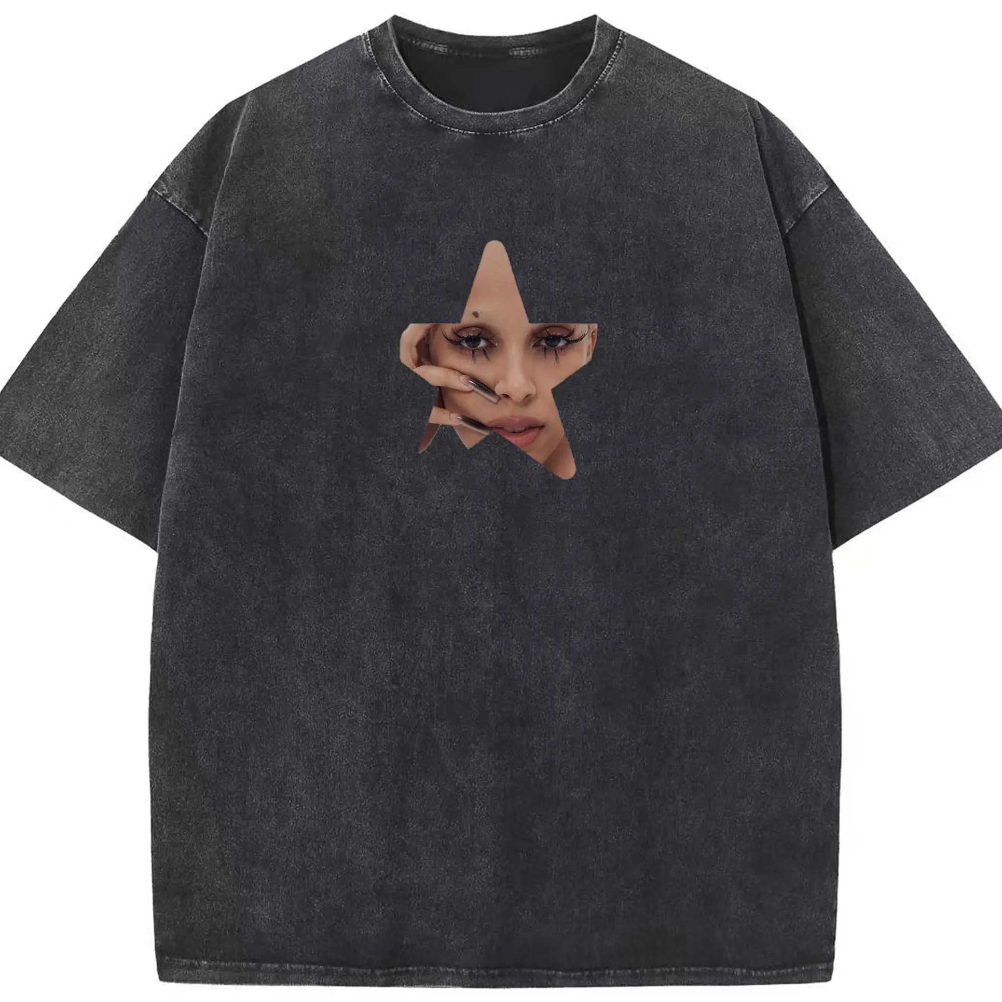 Doja Cat Artistic Star-Shaped DIY - Washed Vintage Look 230g Cotton Oversized T-Shirt With Front Heat Transfer Print – Soft, Lightweight, Stylish Fit – Comfortable Casual Wear For Sports & Everyday Use