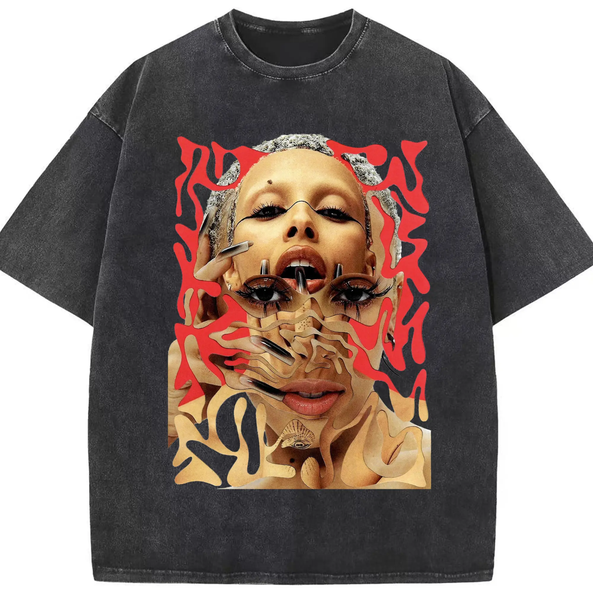 Doja Cat Avant-Garde Surreal Art DIY - Washed Vintage Look 230g Cotton Oversized T-Shirt With Front Heat Transfer Print – Soft, Lightweight, Stylish Fit – Comfortable Casual Wear For Sports & Everyday Use