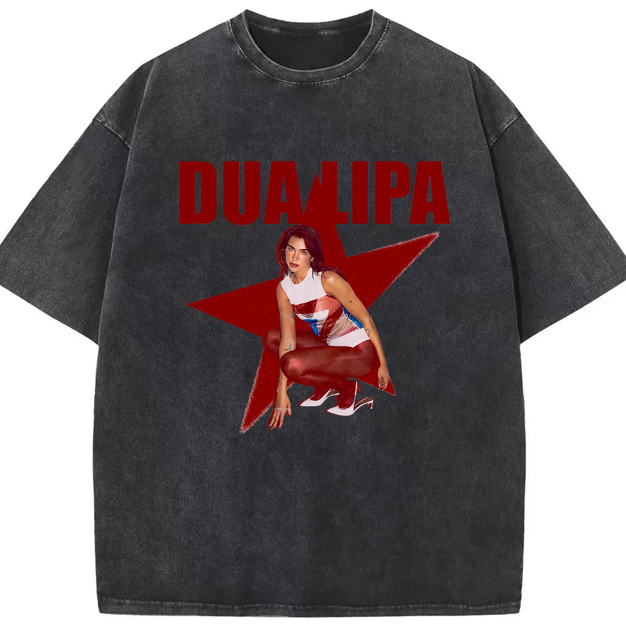 Dua Lipa Pop Music Star DIY - Washed Vintage Look 230g Cotton Oversized T-Shirt With Front Heat Transfer Print – Soft, Lightweight, Stylish Fit – Comfortable Casual Wear For Sports & Everyday Use
