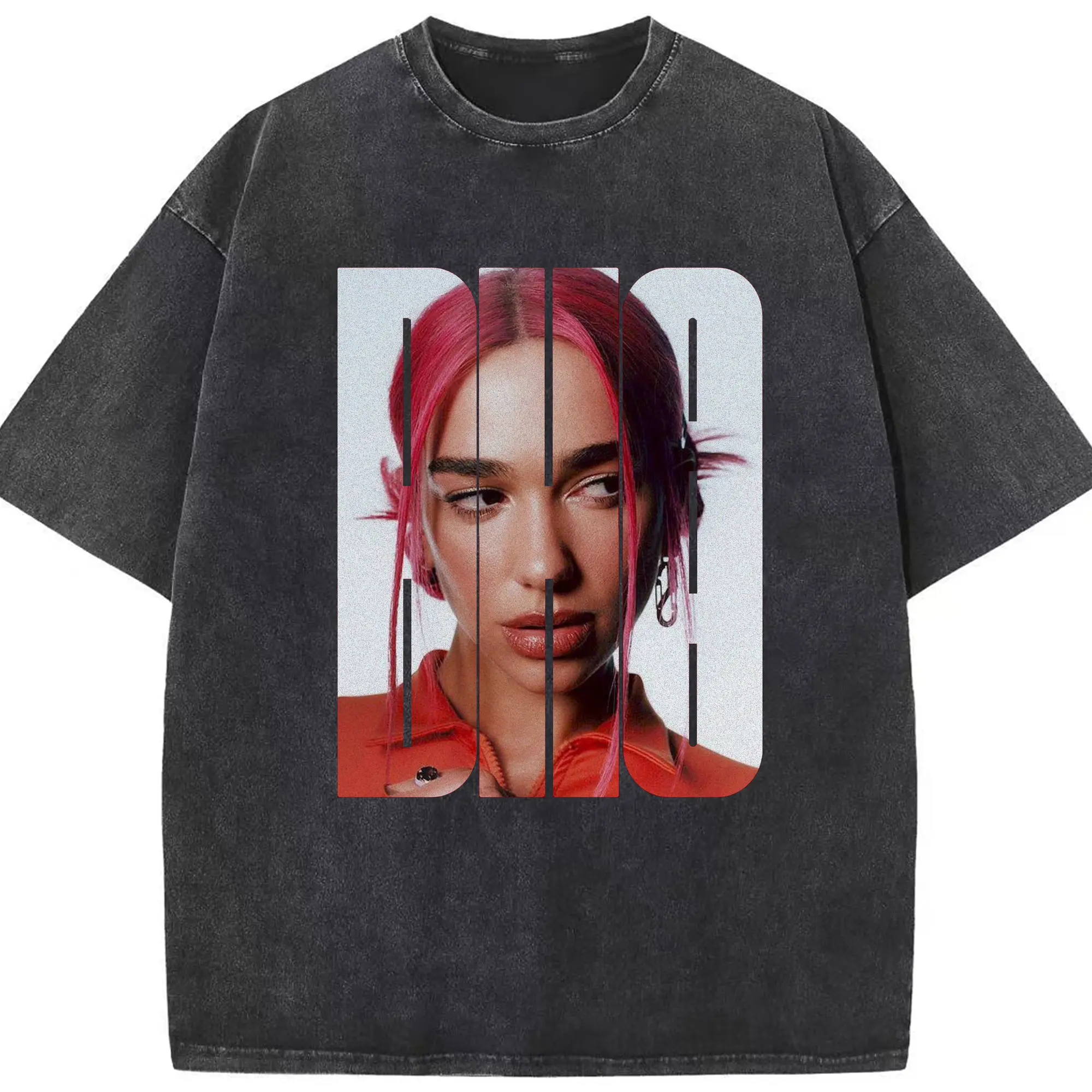 Dua Lipa Pop Music Artistic Split DIY - Washed Vintage Look 230g Cotton Oversized T-Shirt With Front Heat Transfer Print – Soft, Lightweight, Stylish Fit – Comfortable Casual Wear For Sports & Everyday Use
