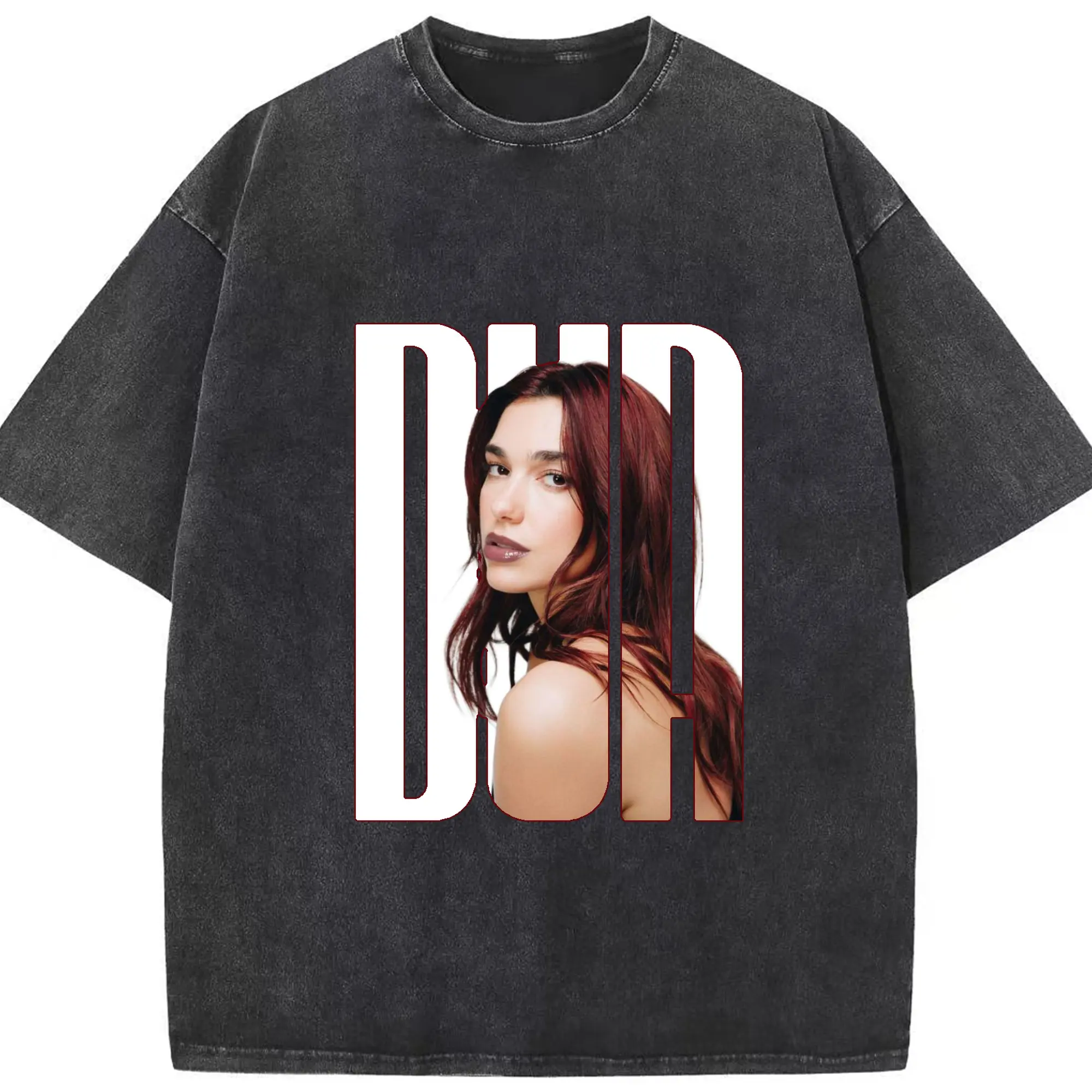 Trendy Dua Lipa-Inspired Artistic DIY - Washed Vintage Look 230g Cotton Oversized T-Shirt With Front Heat Transfer Print – Soft, Lightweight, Stylish Fit – Comfortable Casual Wear For Sports & Everyday Use