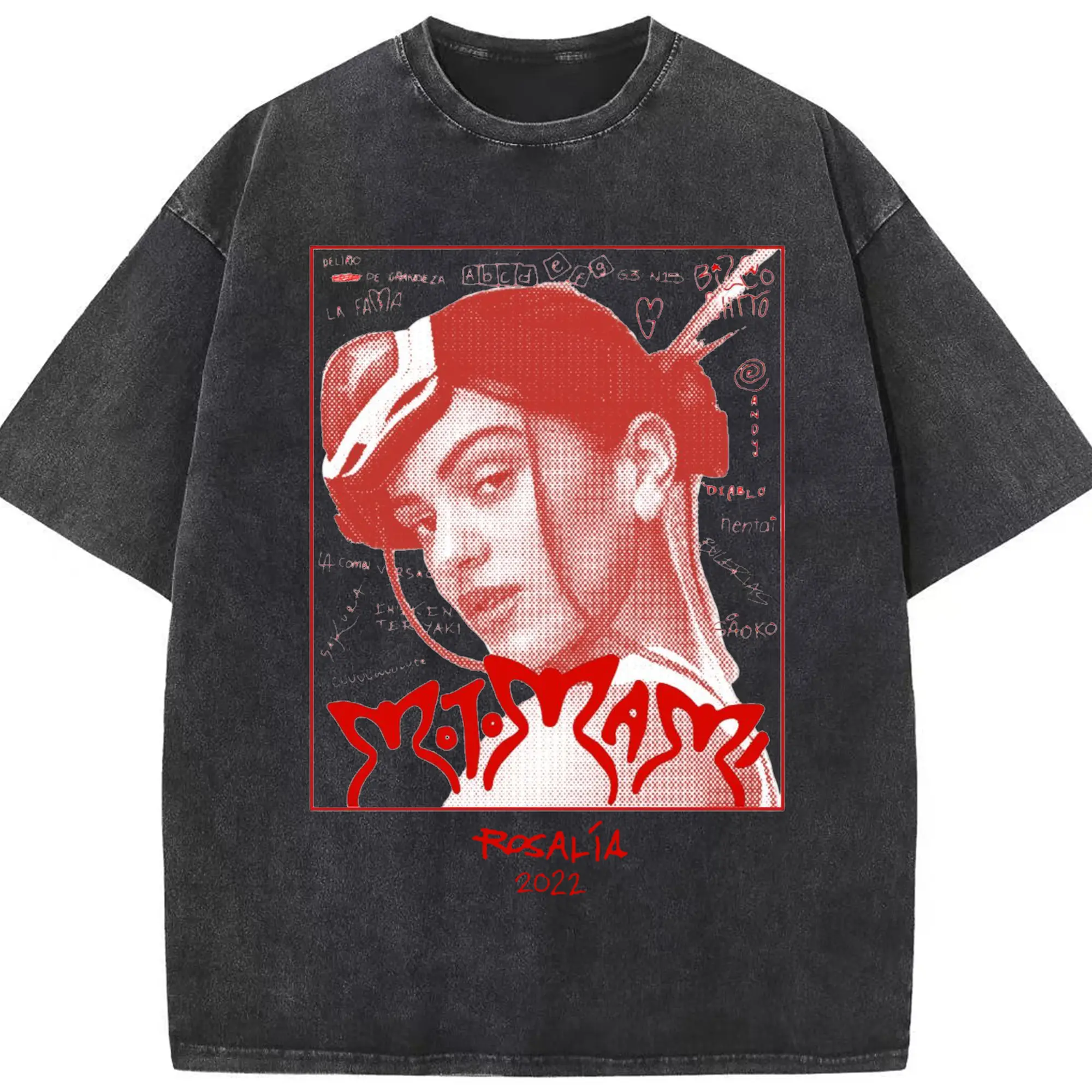 Rosalía 2022 Red Art Hand-Drawn DIY - Washed Vintage Look 230g Cotton Oversized T-Shirt With Front Heat Transfer Print – Soft, Lightweight, Stylish Fit – Comfortable Casual Wear For Sports & Everyday Use