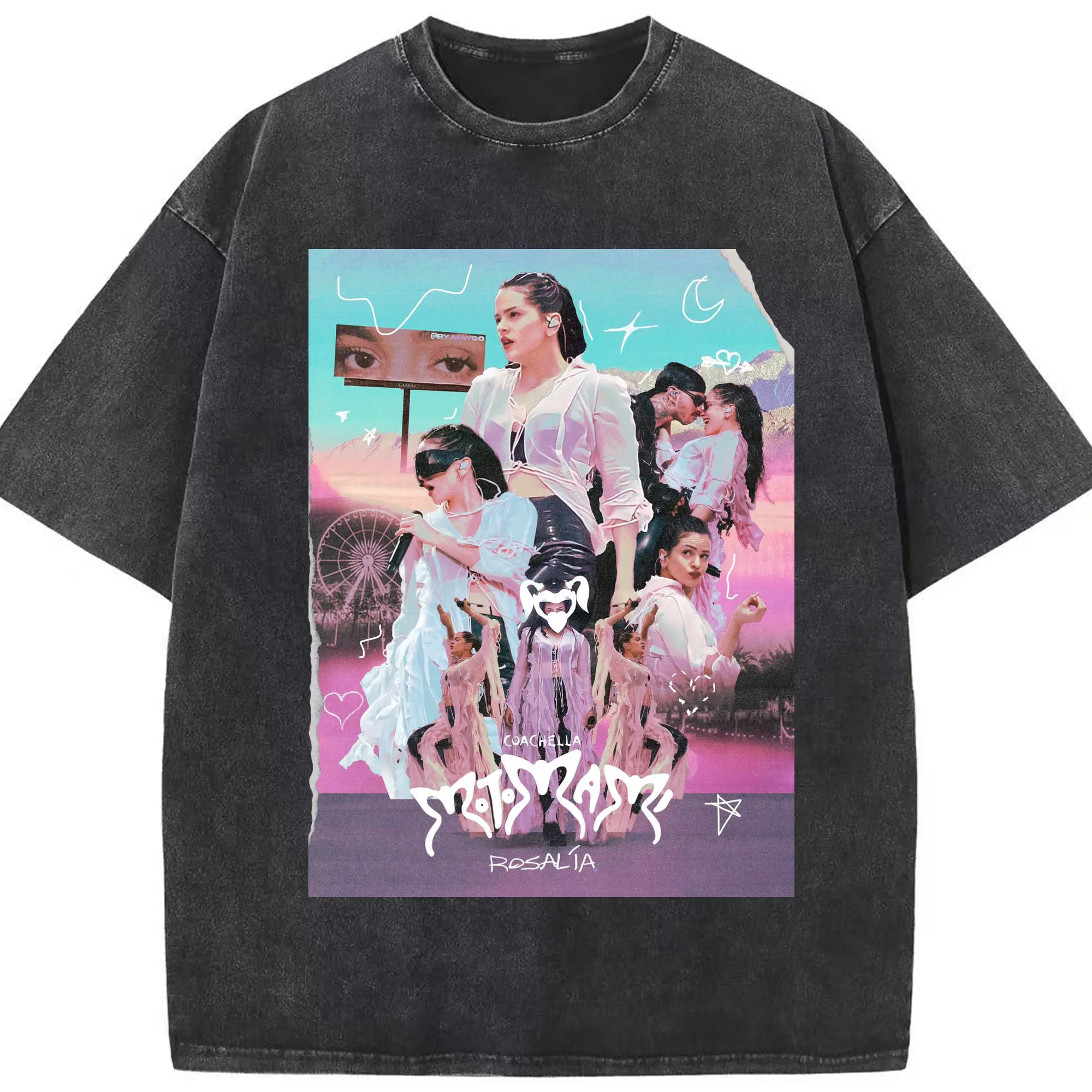 Rosalía-Inspired Coachella Festival Trend DIY - Washed Vintage Look 230g Cotton Oversized T-Shirt With Front Heat Transfer Print – Soft, Lightweight, Stylish Fit – Comfortable Casual Wear For Sports & Everyday Use