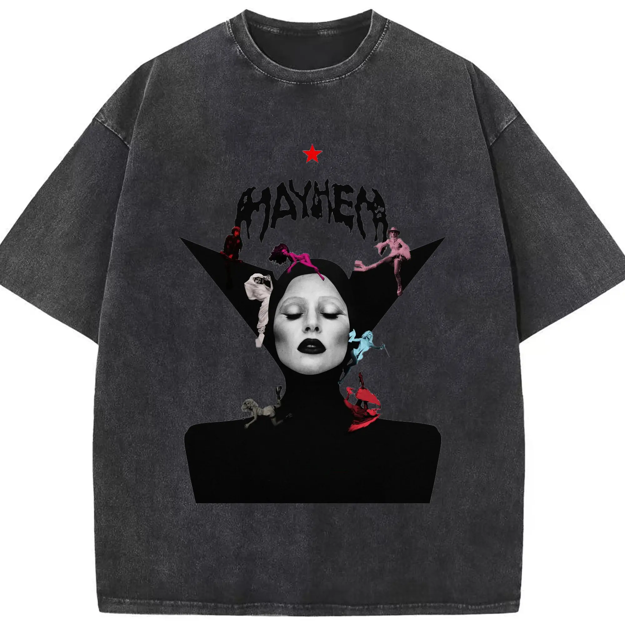 Lady Gaga “MAYHEM” Avant-Garde Collage DIY - Washed Vintage Look 230g Cotton Oversized T-Shirt With Front Heat Transfer Print – Soft, Lightweight, Stylish Fit – Comfortable Casual Wear For Sports & Everyday Use