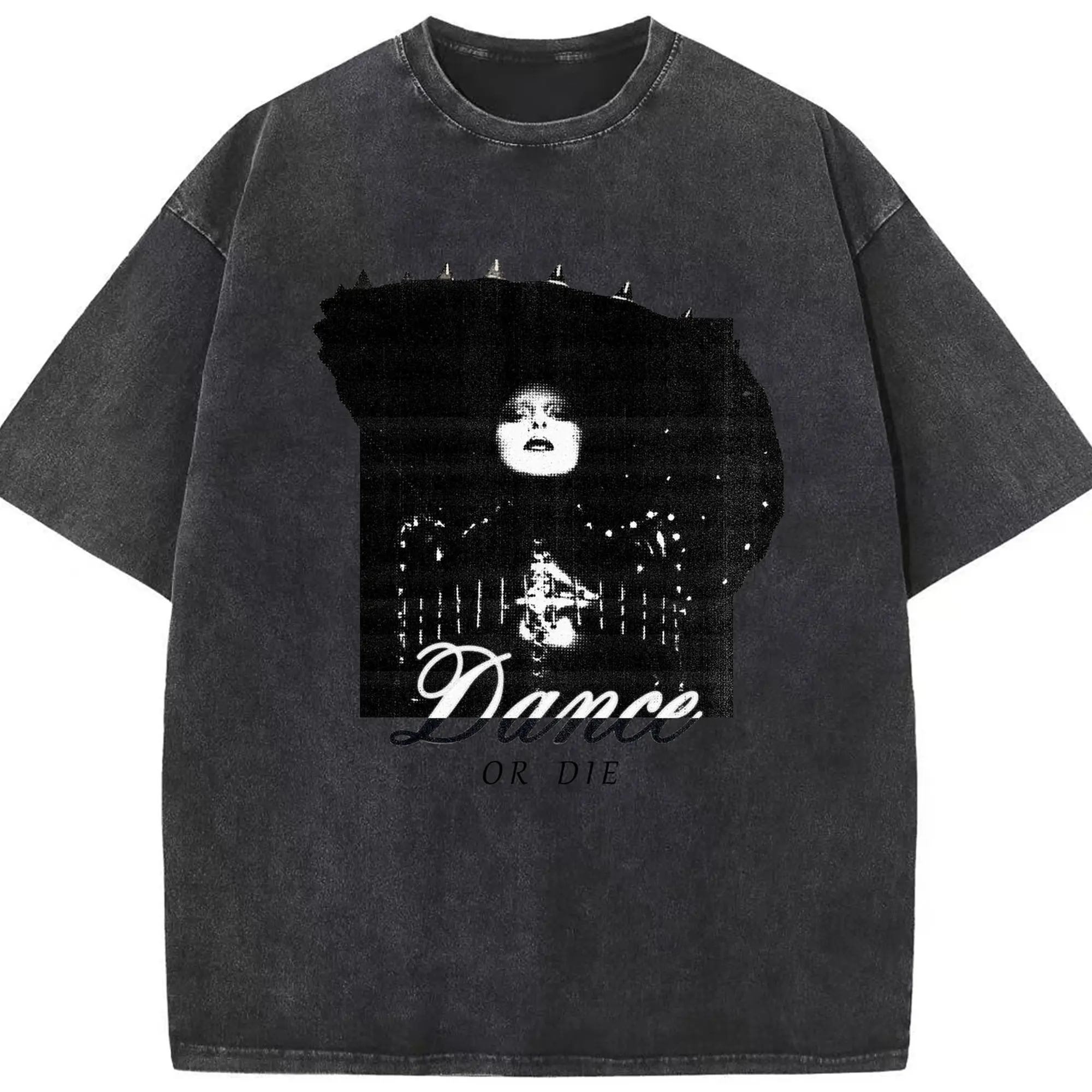 Dark Avant-Garde “Dance OR Die” DIY - Washed Vintage Look 230g Cotton Oversized T-Shirt With Front Heat Transfer Print – Soft, Lightweight, Stylish Fit – Comfortable Casual Wear For Sports & Everyday Use