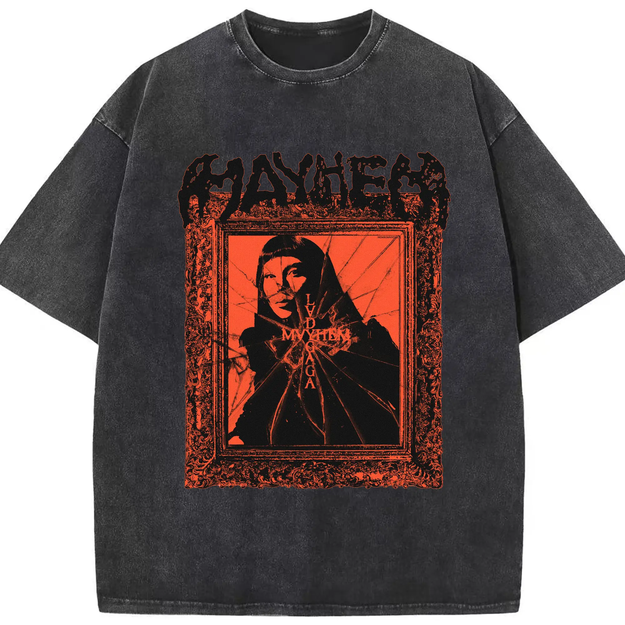 Lady Gaga Mayhem Retro Art Broken Frame DIY - Washed Vintage Look 230g Cotton Oversized T-Shirt With Front Heat Transfer Print – Soft, Lightweight, Stylish Fit – Comfortable Casual Wear For Sports & Everyday Use